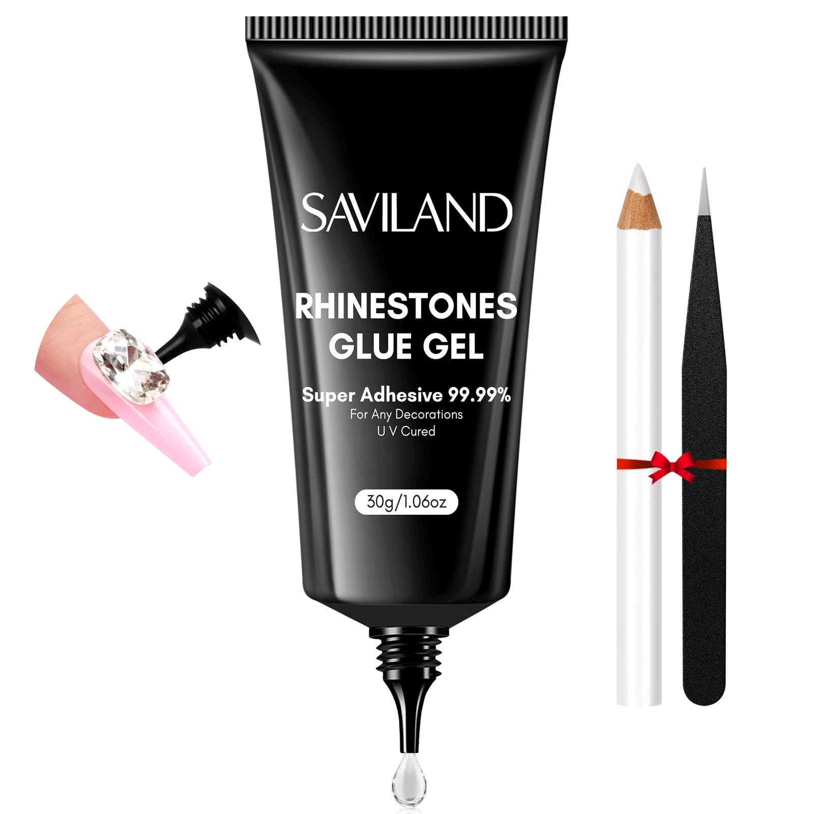 SAVILAND Rhinestone Glue for Nails - Super Strong 30g Nail Art Adhesive with Rhinestone Picker & Tweezers - Long Lasting Nail Glue for 3D Gems, Charms and Big Decorations - Perfect for DIY Nail Art, Salon Professionals and Home Manicures