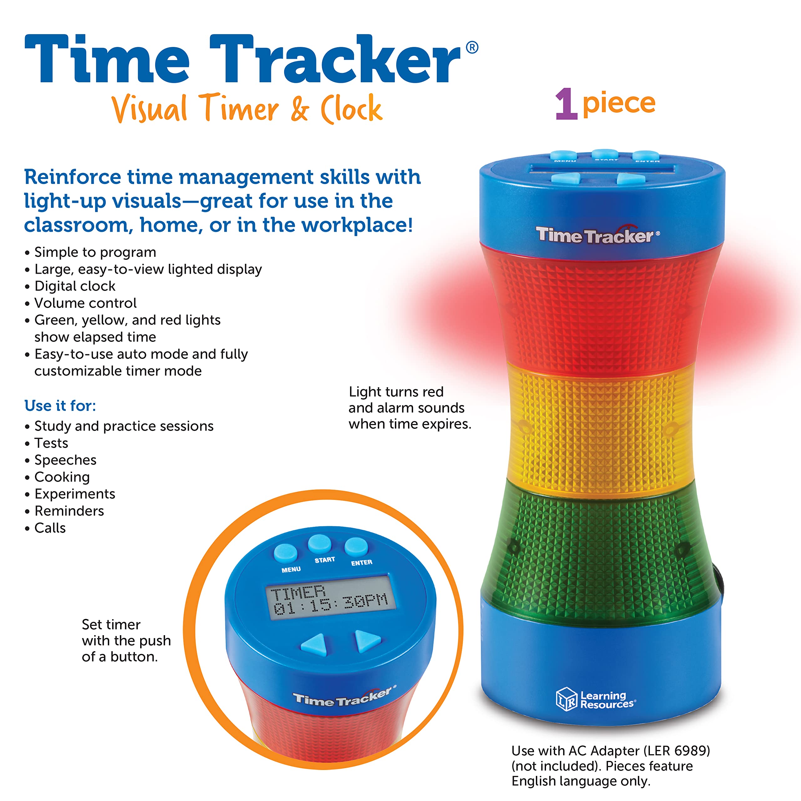 Learning Resources Time Tracker Visual Timer & Clock - 1 Piece Classroom Timer with Alarm, Light Up Display for Kids, Teachers & Homeschooling | Perfect for Classroom Management, Study Sessions & Time Management Activities