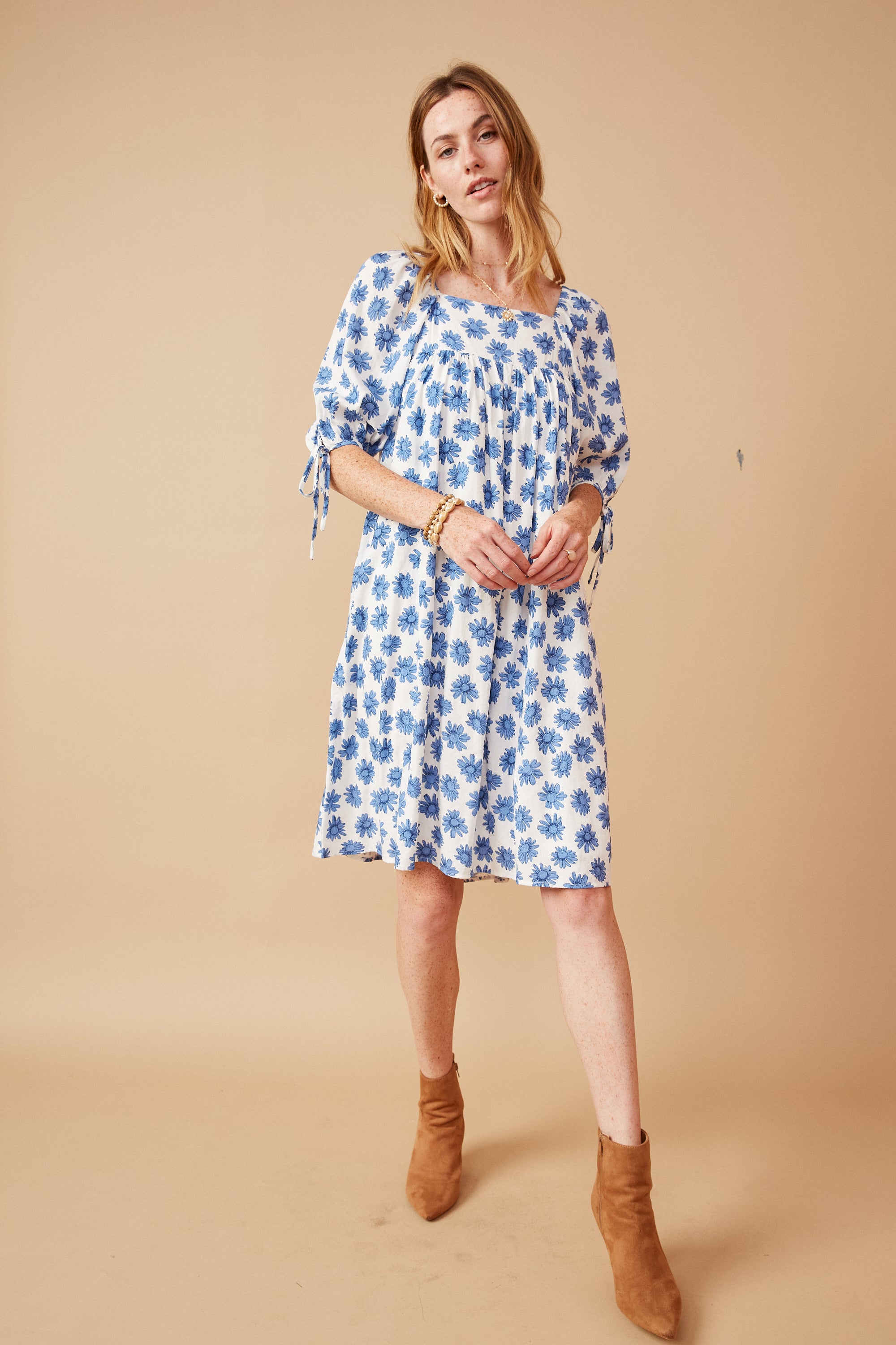 Women's Floral Print Square Neck Dress with Tie Sleeves - Elegant Summer Dress for Parties, Weddings & Date Nights