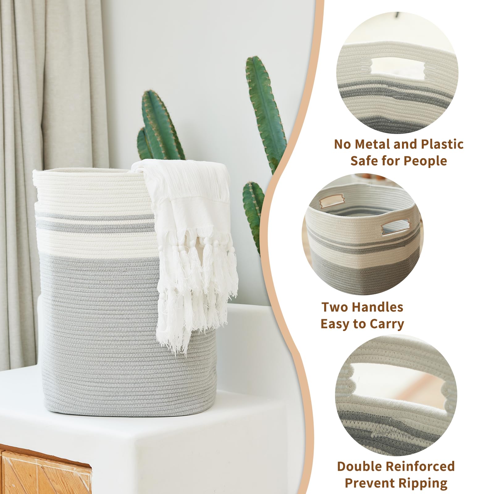 Casaphoria Woven Rope Laundry Hamper Basket - 16x13x22 Inches Light Gray - Stylish Clothes & Blanket Storage Organizer for Bedroom, Living Room & Bathroom - Perfect for Dirty Laundry, Towels & Home Decor