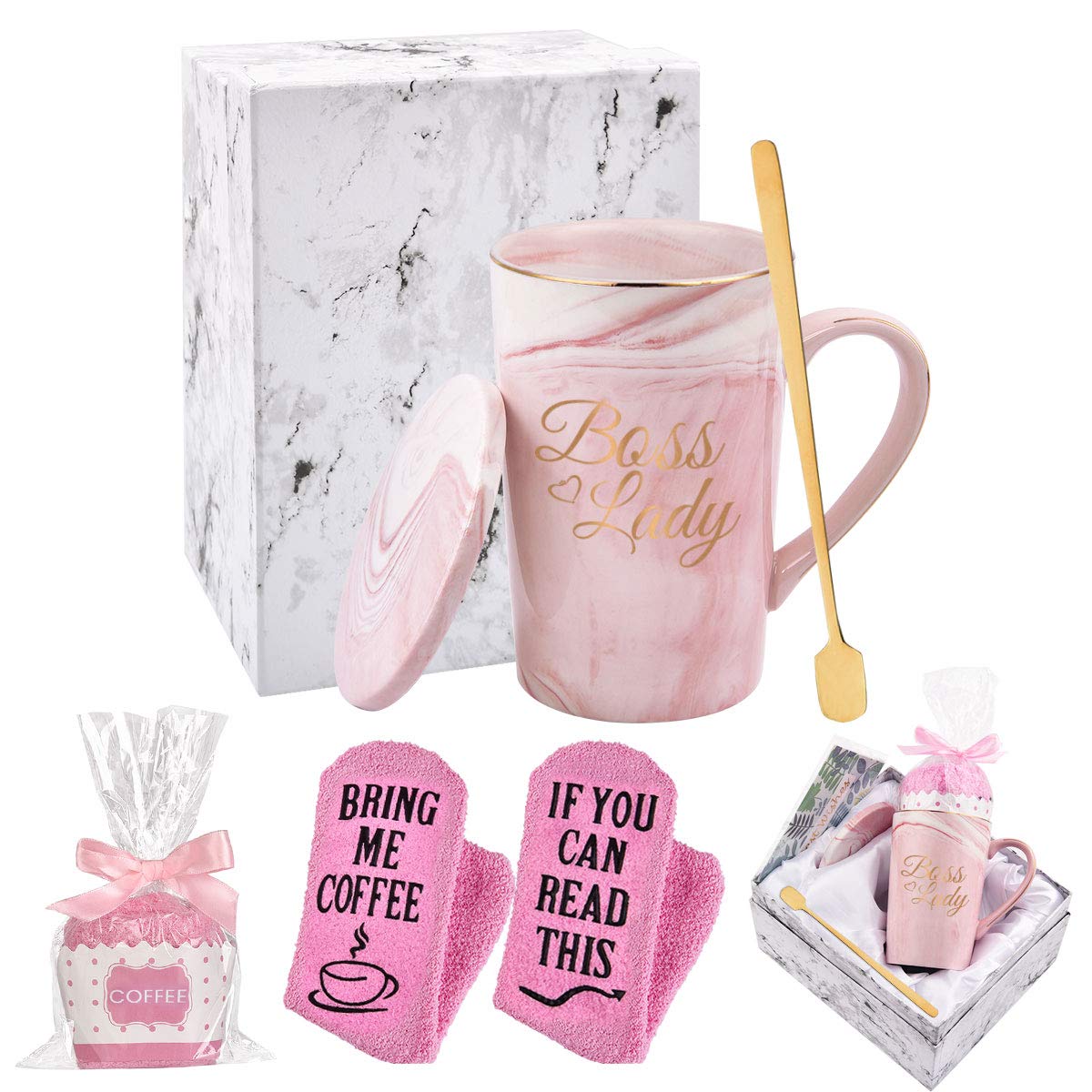 Boss Lady Mug and Socks Gift Set - 14Oz Pink Coffee Cup with Spoon, Coaster, Socks & Greeting Card - Perfect Birthday Gifts for Women, Female Boss Gifts in Exquisite Gift Box - Ideal for Office, Work Motivation & Corporate Gifts