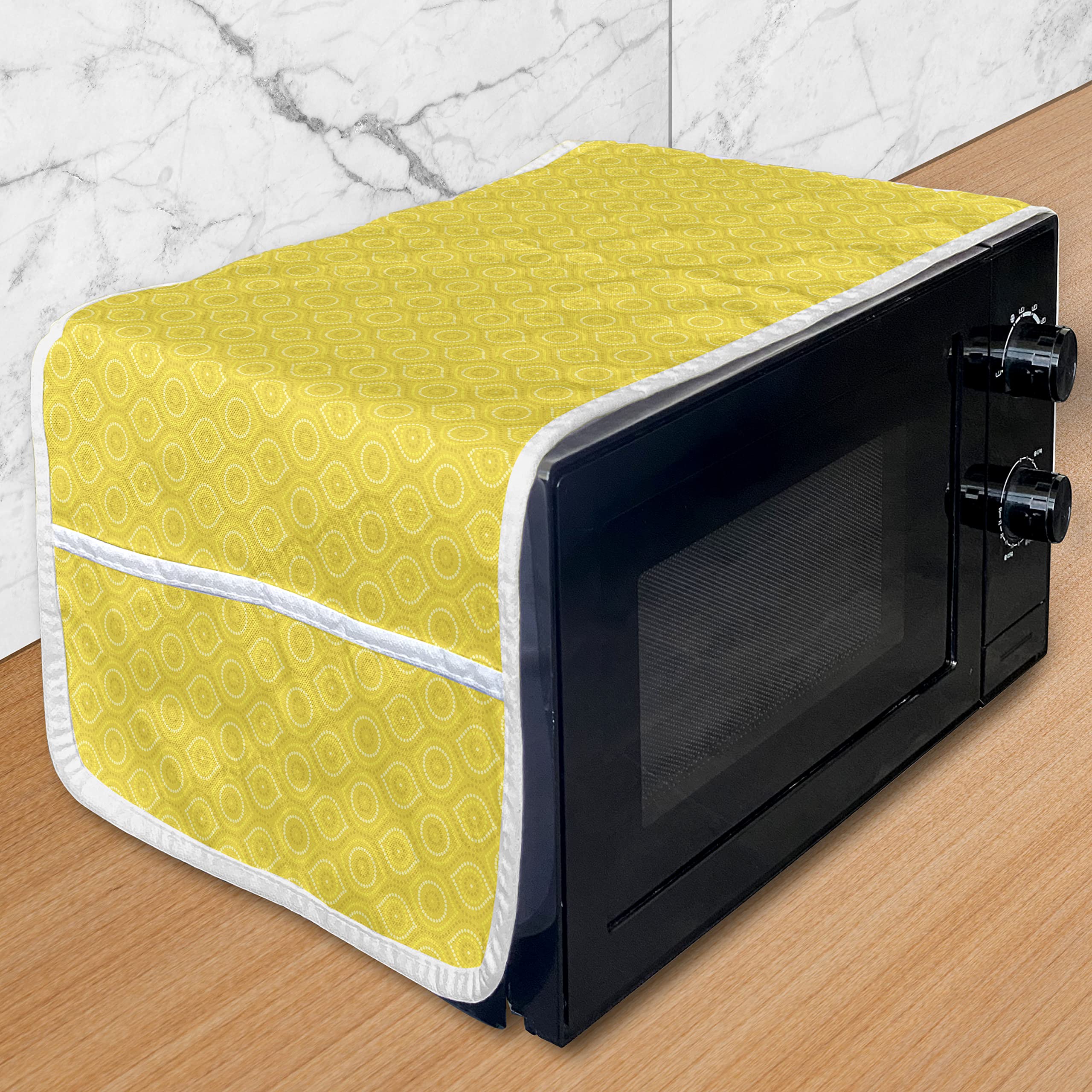 Ambesonne Aboriginal Microwave Oven Cover - Water Resistant Kitchen Organizer with Pockets, Yellow Mustard Color with Monochromatic Dotted Pattern (36