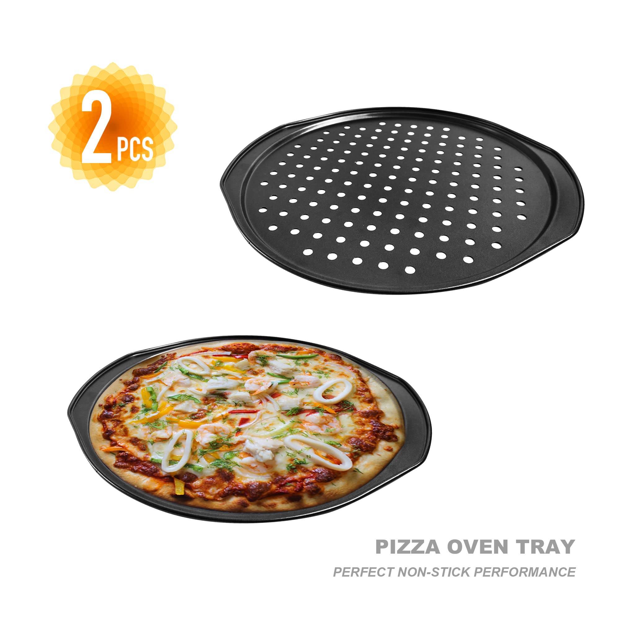 AZKEEGREY 2 Pack 14 Inch Non-Stick Pizza Pans for Oven - Carbon Steel Round Pizza Trays with Holes & Handles (30cm Inside Diameter) - Perfect for Baking, Reheating & Serving Homemade Pizzas, Breads & Pastries