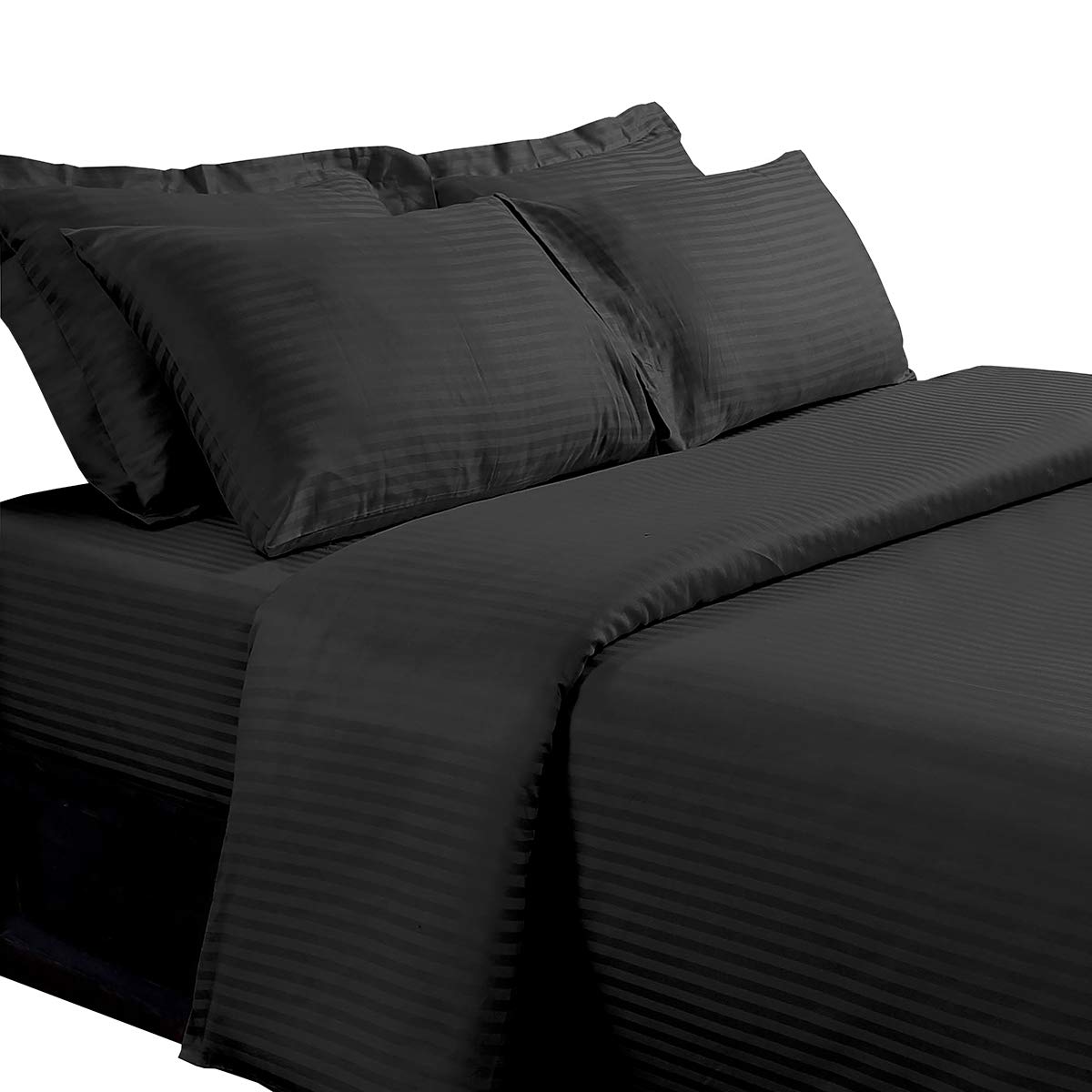 6-Piece Striped Goose Down Bed in a Bag Twin XL Comforter Set - 300TC 100% Cotton Duvet Cover & Sheet Set + All-Season 600 Fill Power Goose Down Comforter (Black) | Perfect for Guest Rooms, Dormitories & Cozy Winter Nights