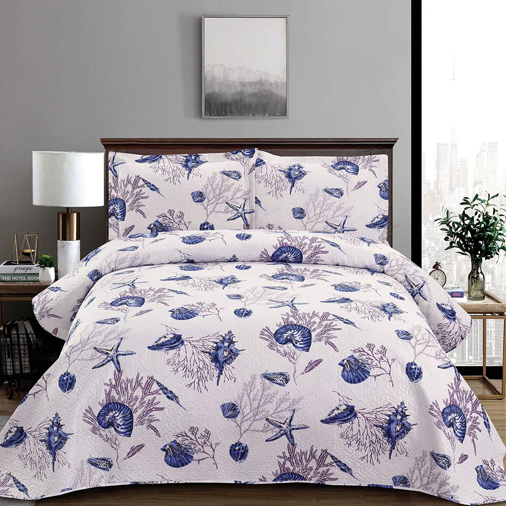 **Twin Size Reversible Beach Quilt Set - Coastal Ocean Theme with Starfish & Conch Shell Design - Lightweight Summer Bedspread Coverlet - Blue Home Decor for Bedroom, Guest Room & Vacation Homes**    *(Perfect for beach houses, coastal-themed bedrooms, or adding a breezy summer vibe to any space!)*