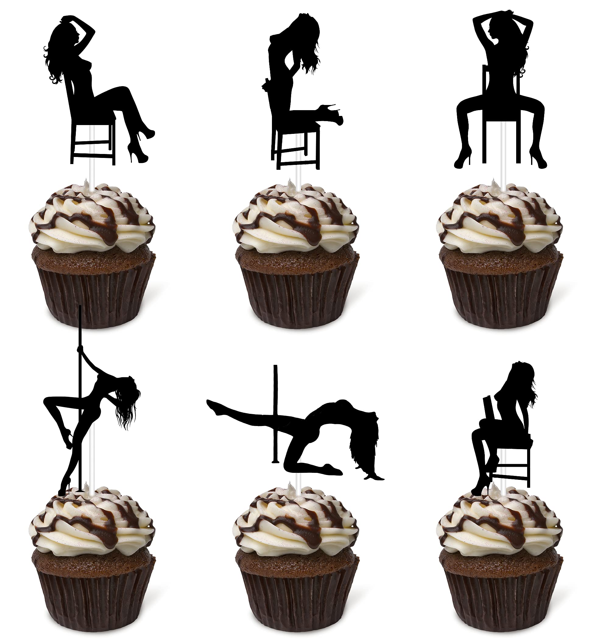 24pcs Black Glitter Pole Dancing Cupcake Toppers - Bachelorette Party Decorations, Stripper Themed Party Supplies for Adult Birthday & Girls Night Out
