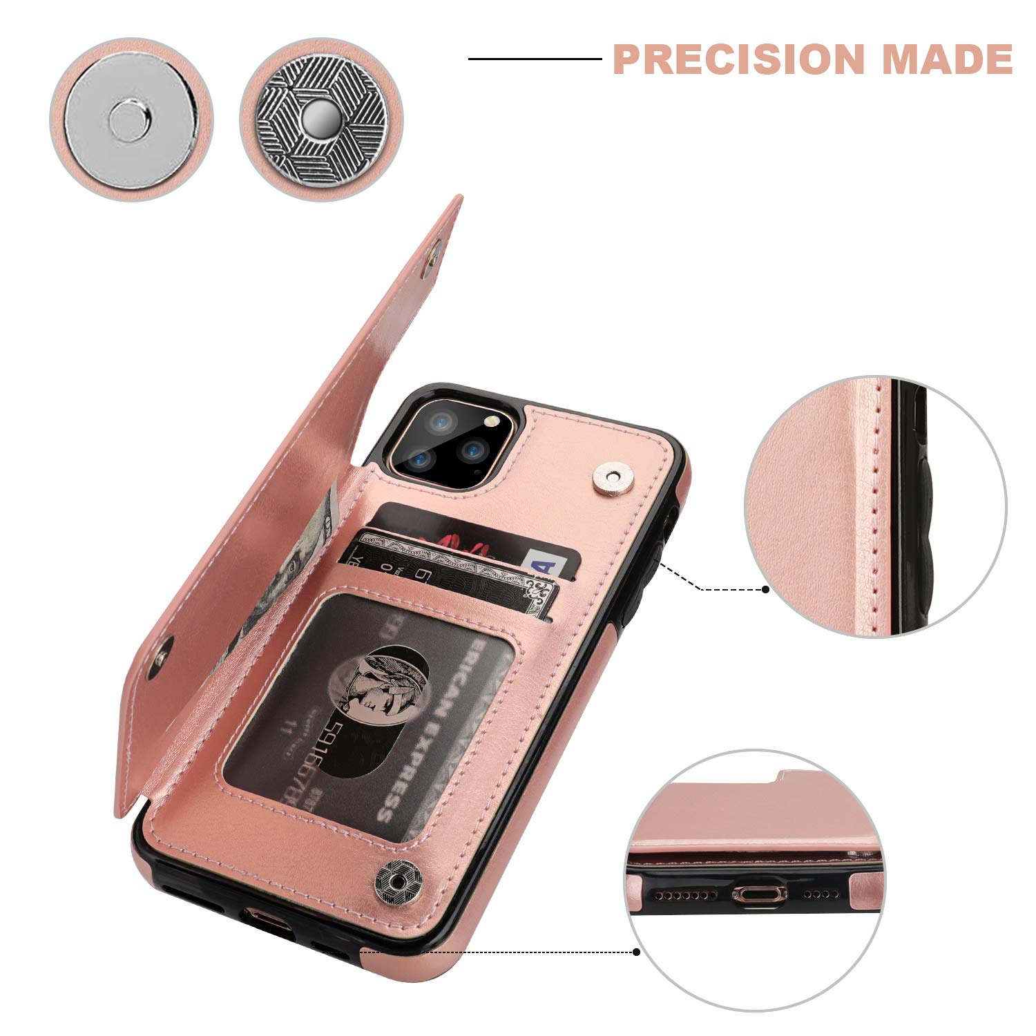 Premium PU Leather Wallet Case for iPhone 11 Pro Max (6.5 Inch) - RFID Blocking Card Holder with Kickstand, Double Magnetic Closure & Shockproof Protection - Rose Gold | Perfect for Business, Travel & Everyday Use
