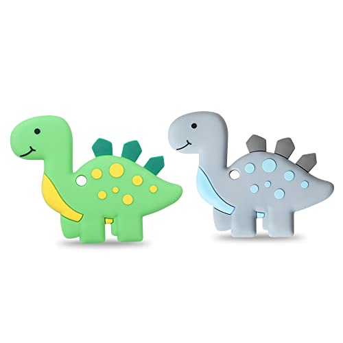 AmazingM Green and Gray Dinosaur Sensory Chew Teether - 2 Pack Food Grade Silicone Teething Toys for Kids & Toddlers with Autism, ADHD, Oral Motor Needs - Perfect for Teething Relief, Biting Stimulation & Sensory Play at Home or School