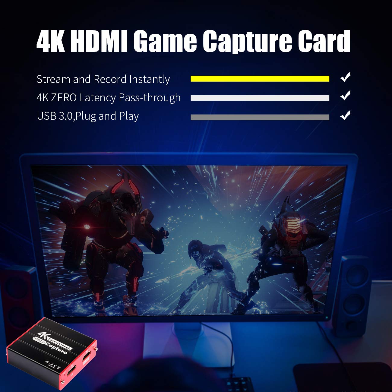 TreasLin USB 3.0 4K Game Capture Card with Zero Latency HDMI Pass-Through - Live Streaming & Recording for PS5, PS4, Nintendo Switch, Wii U, DSLR, Xbox - Compatible with OBS on Windows & Mac - Perfect for Gamers, Streamers & Content Creators