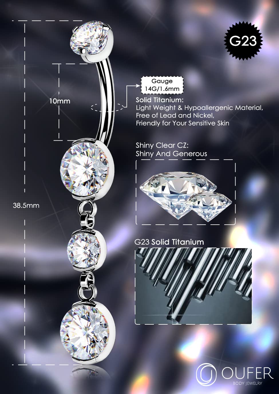 OUFER Titanium Belly Button Rings - 14G Internally Threaded Dangling Navel Piercing Jewelry with Clear CZ for Women & Men | Perfect for Everyday Wear, Parties and Body Piercing Fashion