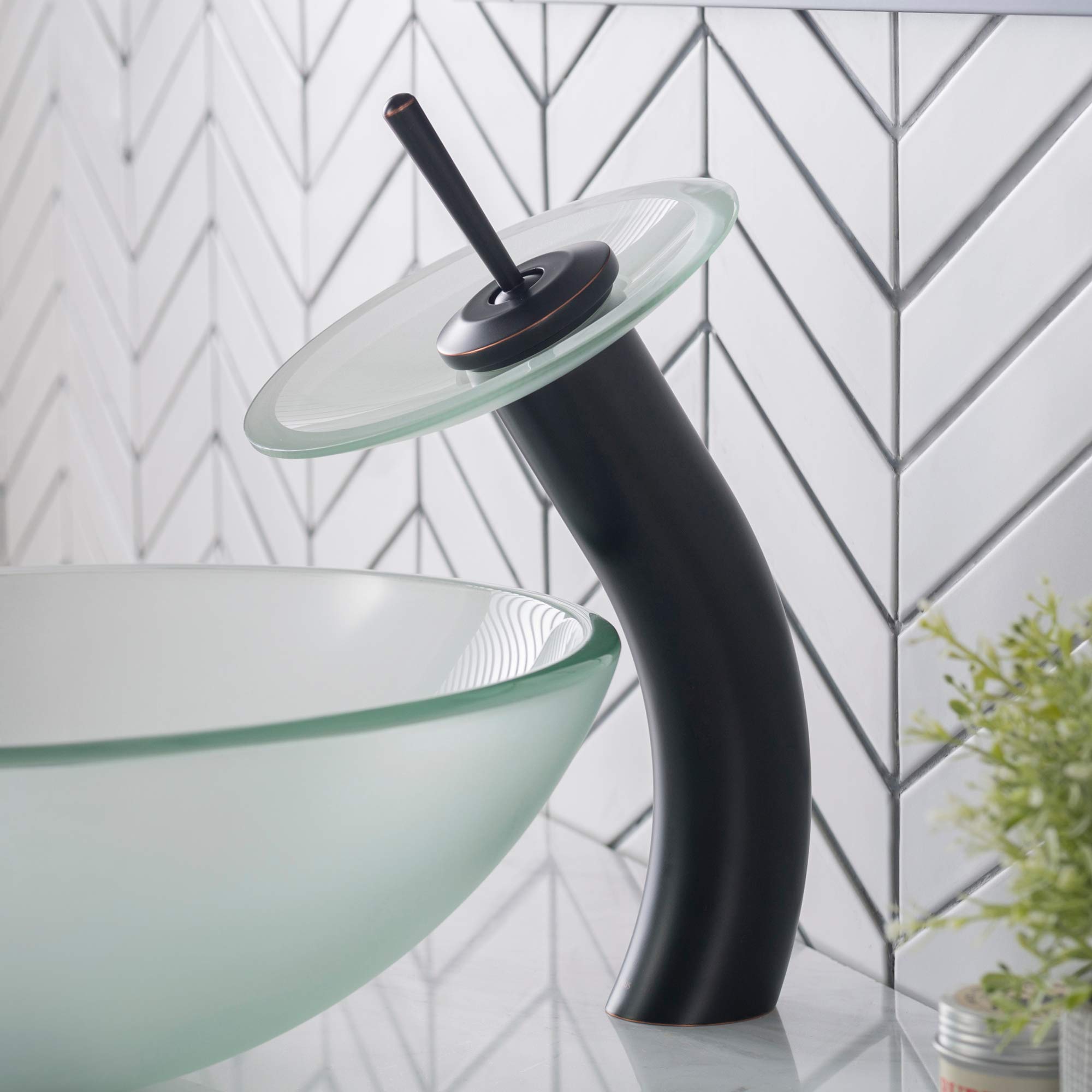 KRAUS Oil Rubbed Bronze Tall Waterfall Bathroom Faucet for Vessel Sink - Frosted Glass Disk & Pop-Up Drain, Model KGW-1700-PU-10ORB-FR | Modern Bathroom Upgrade for Spa-Like Luxury & Elegant Home Decor