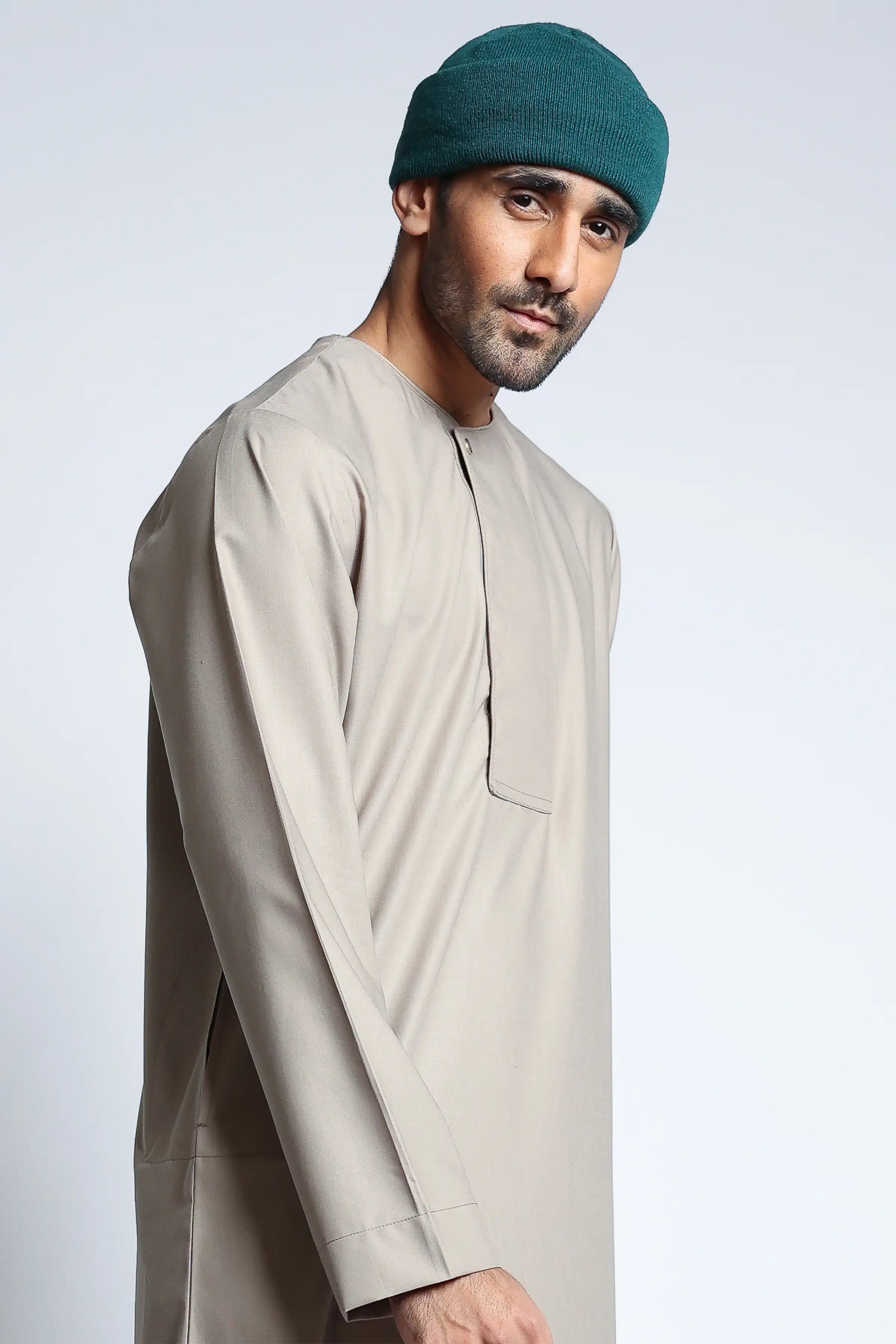 Light Almond Piping Thobe for Men - Traditional Islamic Jilbab with Embroidery - Perfect for Eid, Ramadan & Special Occasions
