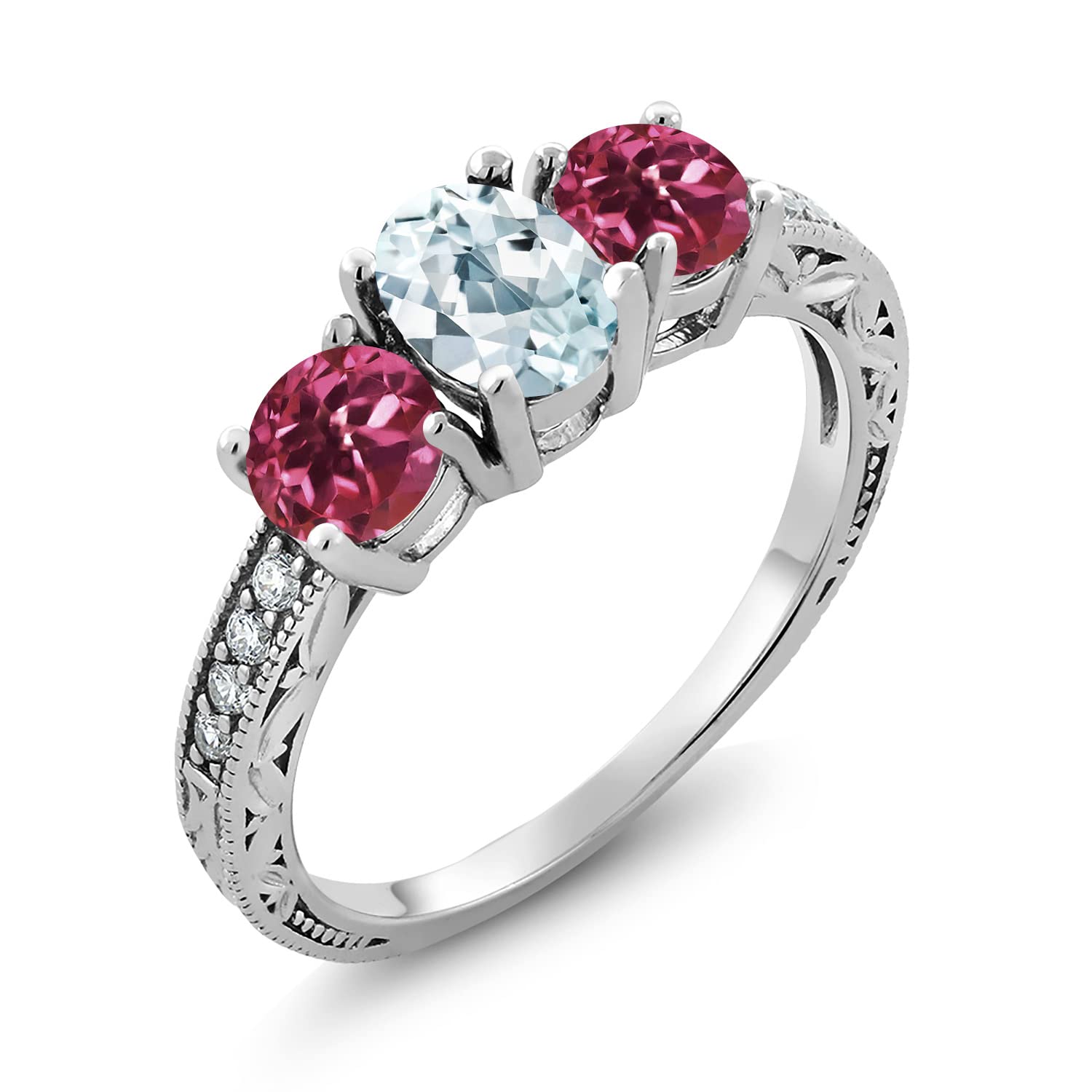 1.91 Ct Oval Sky Blue Aquamarine & Pink Tourmaline Ring in 925 Sterling Silver with Moissanite Accents - Elegant Birthstone Jewelry for Women, Perfect for Engagement, Anniversary & Special Occasions