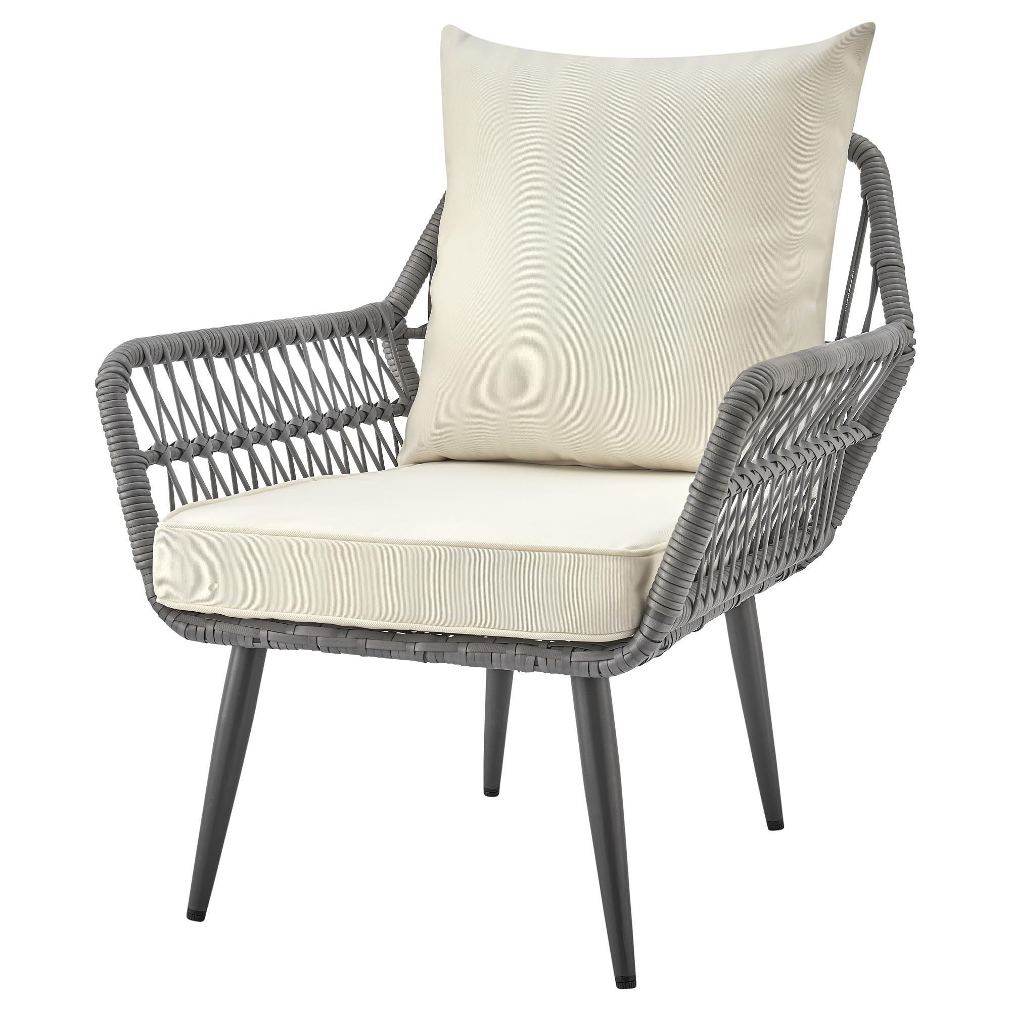 Modern Cannes 3-Piece Patio Conversation Set with Cushioned Rope Wicker Chairs & Glass Top End Table - Outdoor Furniture for Garden, Balcony, Poolside - Washable Cream Cushions & Durable Wicker Design