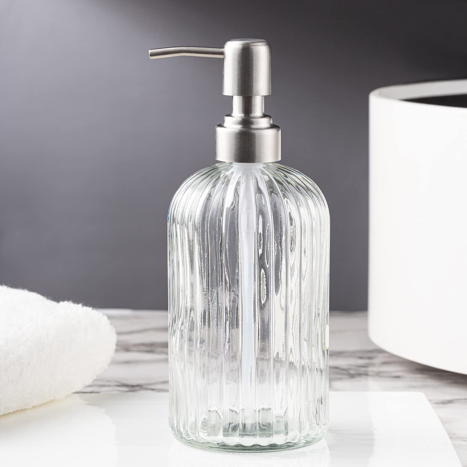 Refillable Glass Soap Dispenser with Silver Pump - 18oz Brushed Stainless Steel Hand Soap, Dish Soap & Lotion Bottle for Bathroom, Kitchen & Office Decor | Eco-Friendly & Elegant Design