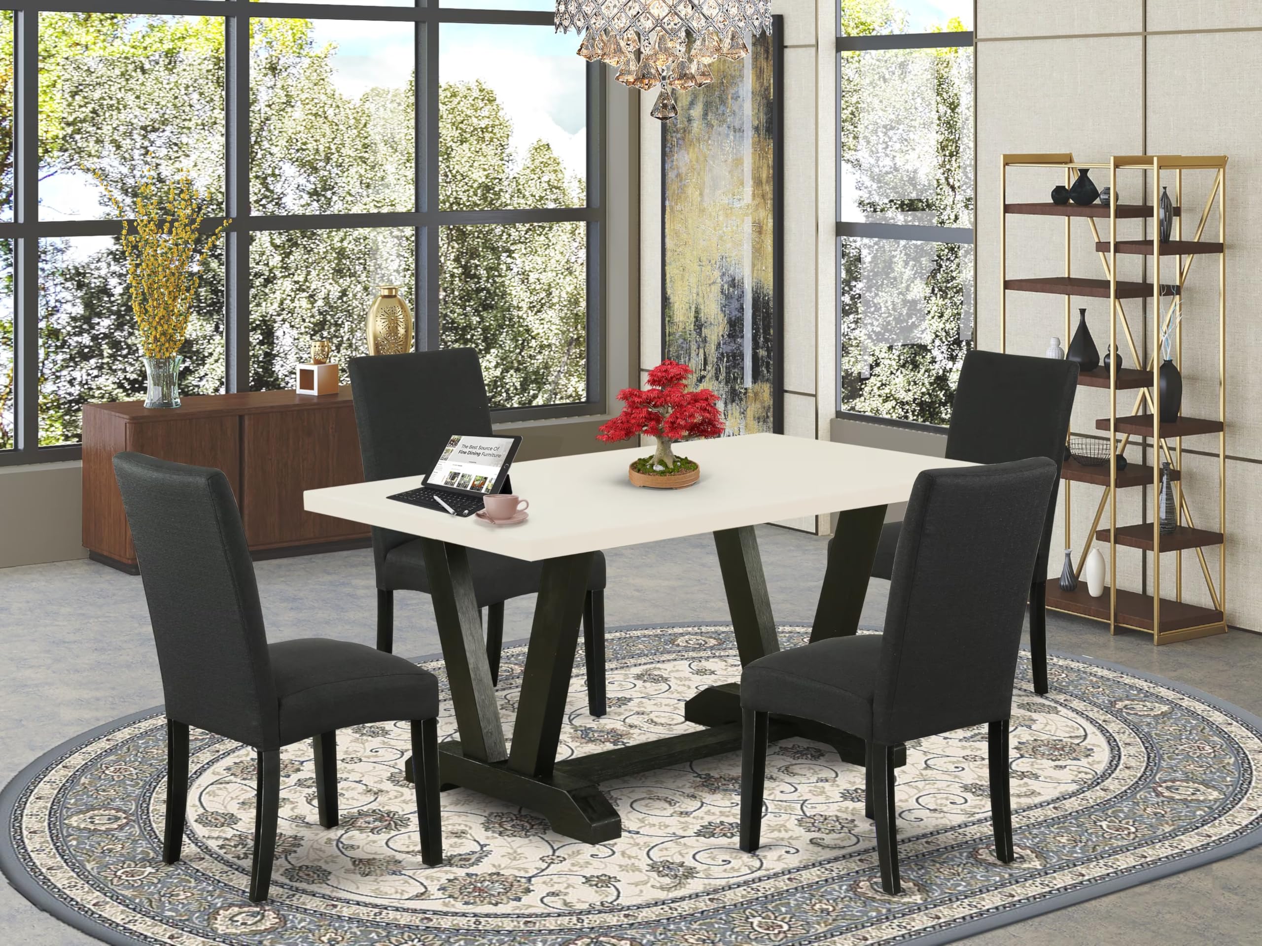 East West Furniture 5-Piece Dining Set with Rectangle Table & 4 Parson Chairs - 36x60 Inch Kitchen Table with V-Legs, Black Linen Fabric Seating - Perfect for Small Spaces, Breakfast Nooks & Modern Dining Rooms