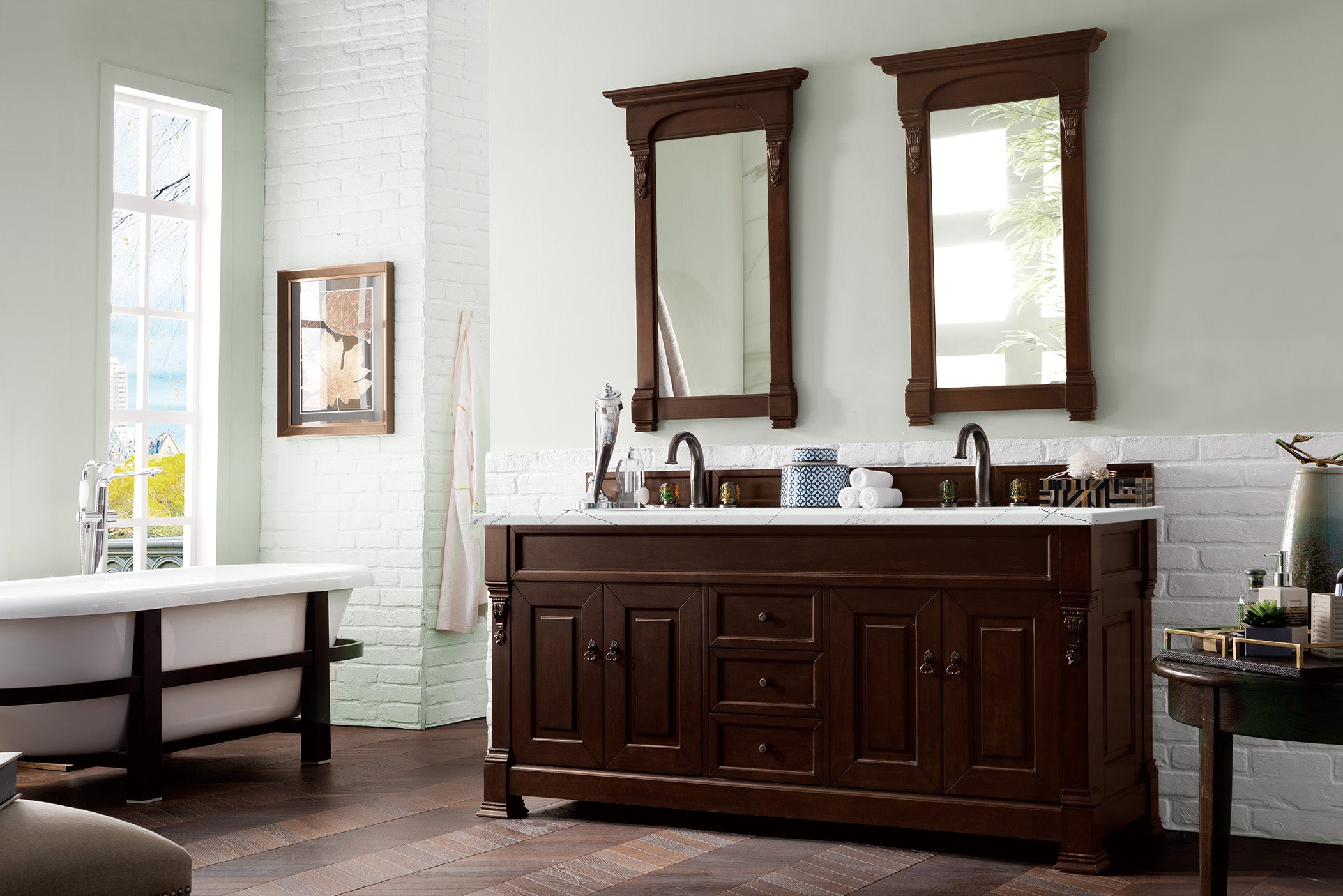 Brookfield 72 Inch Double Vanity with Burnished Mahogany Base & 3CM Ethereal Noctis Quartz Top - Perfect for Master Bathroom & Luxury Home Renovation