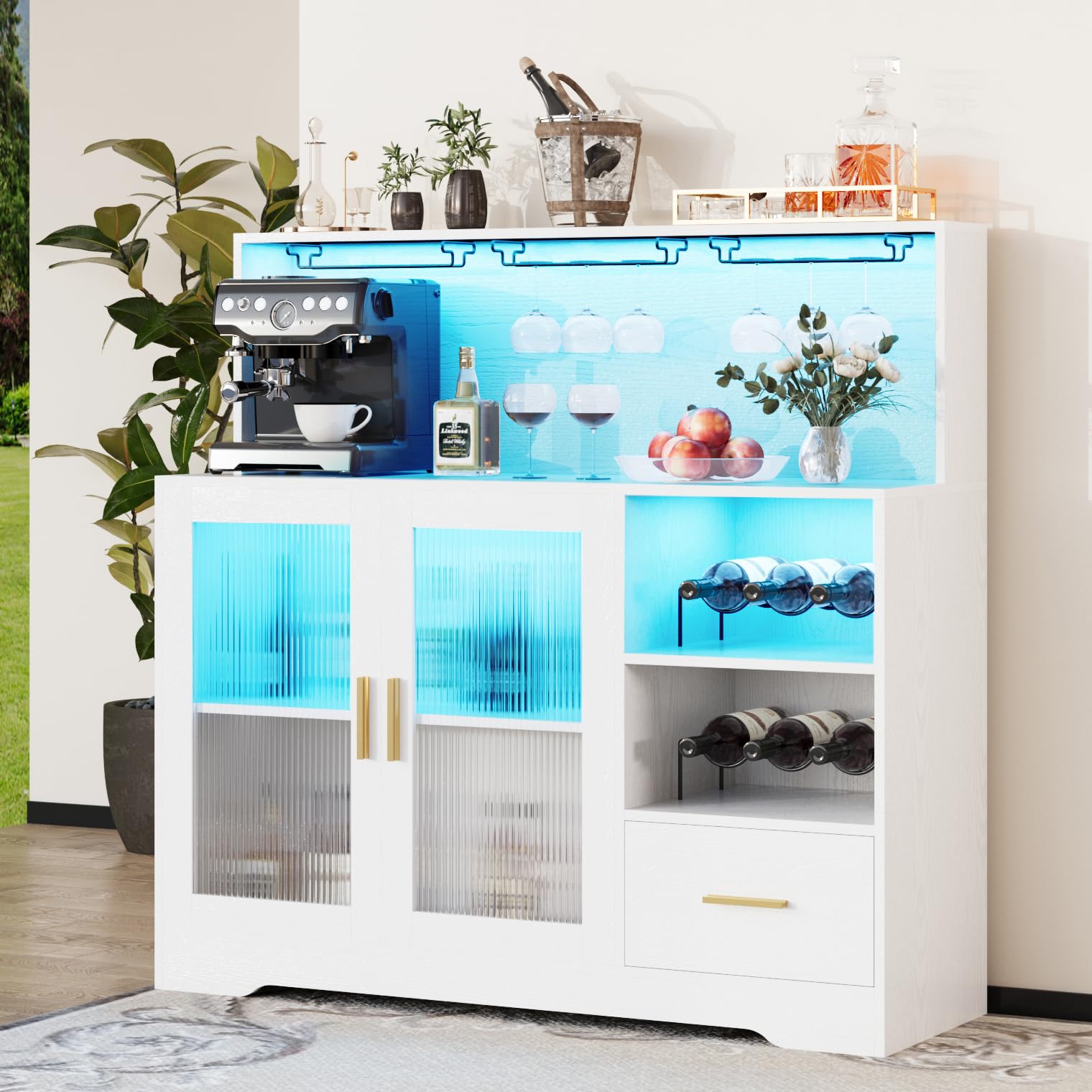 Modern White Large Wine Bar Cabinet with LED Lights, Wine & Glass Rack - Kitchen Coffee Bar Storage Buffet Sideboard with Drawers for Dining Room, Living Room & Home Entertaining