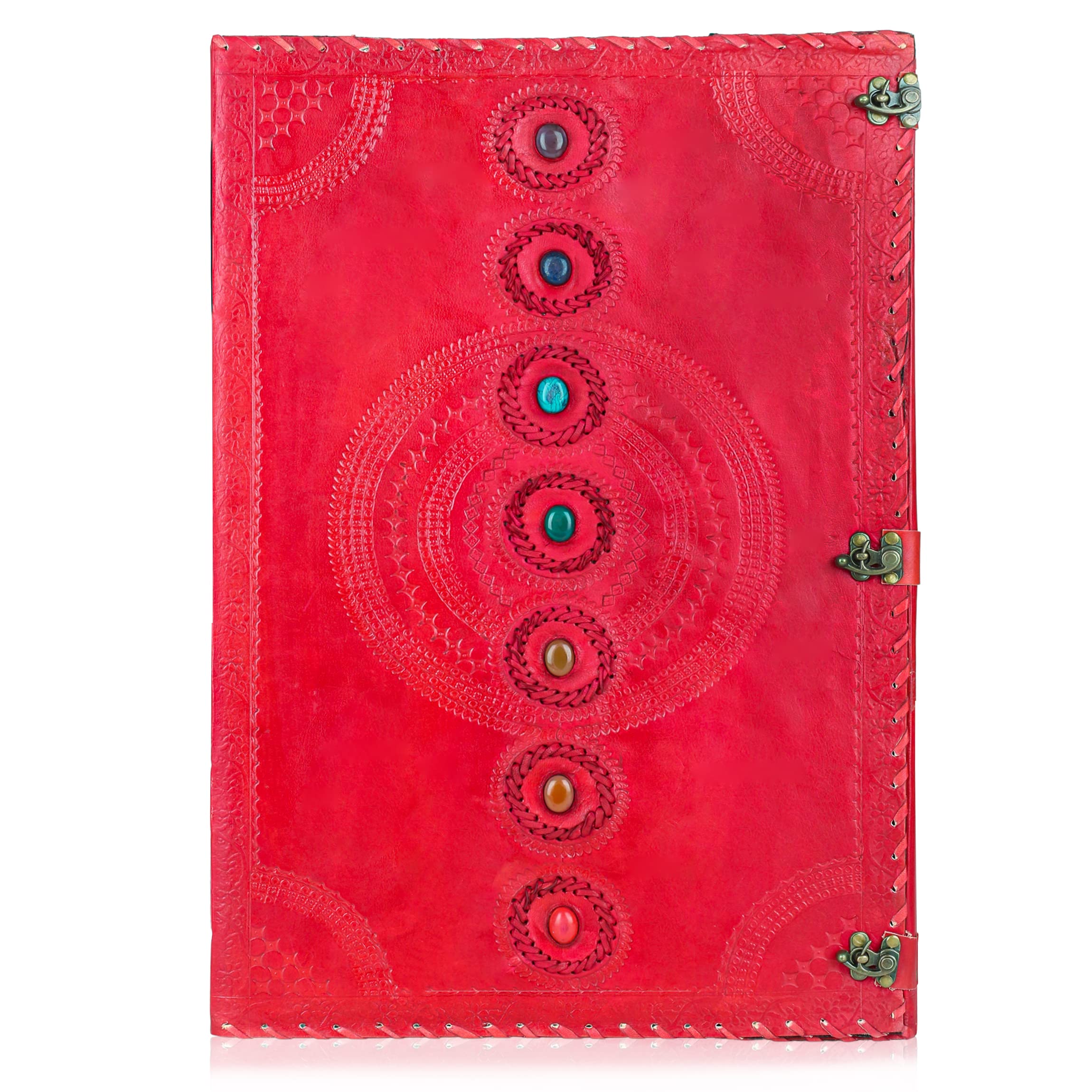 SKYLAND Handmade Leather Journal - 7 Chakra Embossed Medieval Stone Design, Book of Shadows Notebook for Office, College, Poetry & Sketching, 14x22cm (Red) - Perfect for Wiccan Rituals, Journaling & Gift Giving