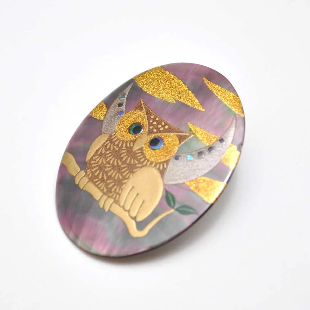 Exquisite Japanese Maki-e Urushi Lacquer Brooch with Black Lip Oyster Pearl Shell Owl Design - Traditional Handcrafted Jewelry for Women - Perfect for Formal Occasions, Weddings & Cultural Events