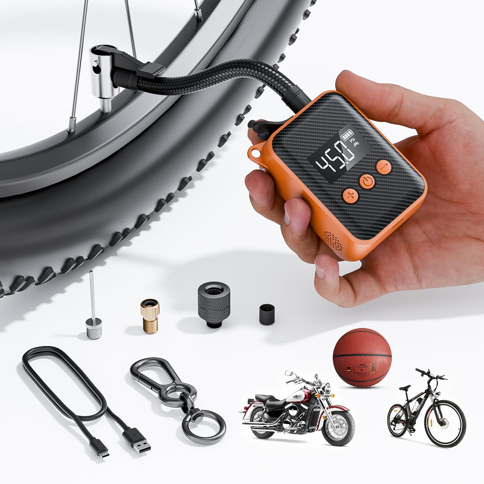 130 PSI Electric Mini Bike Pump - Portable Rechargeable Bicycle Tire Inflator with Pressure Gauge & Auto-Shutoff - Compatible with Presta & Schrader Valves - Perfect for Mountain, City & Road Bikes - Great for Emergency Repairs, Commuting & Outdoor Adventures