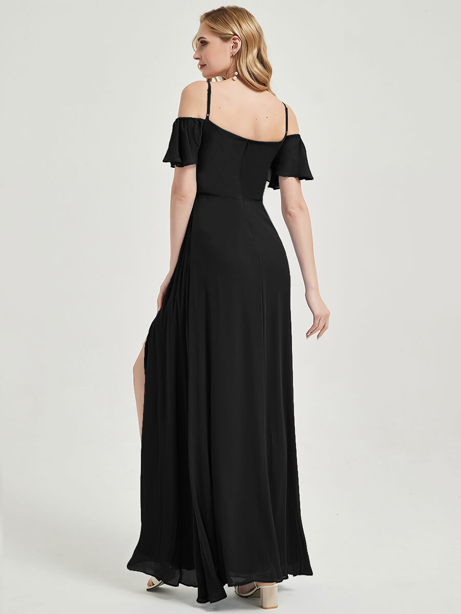 Elegant Black Off-Shoulder A-Line Maxi Chiffon Bridesmaid Dress with High Leg Slit - Perfect for Weddings, Formal Events & Evening Parties