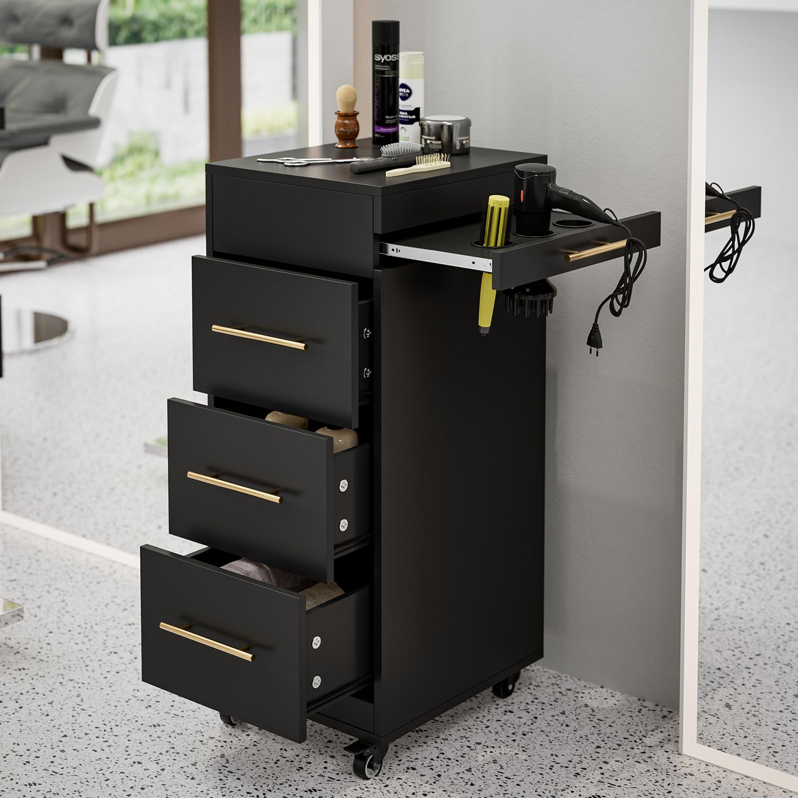 Professional Salon Trolley Cart with Lockable Wheels - 3-Tier Rolling Hair Stylist Cart with Dryer Holders & Makeup Organizer - Beauty Storage Cabinet for Spa, Salon, Barbershop & Tattoo Studio (Black) - Perfect for Hair Styling, Makeup Application & Beauty Equipment Organization