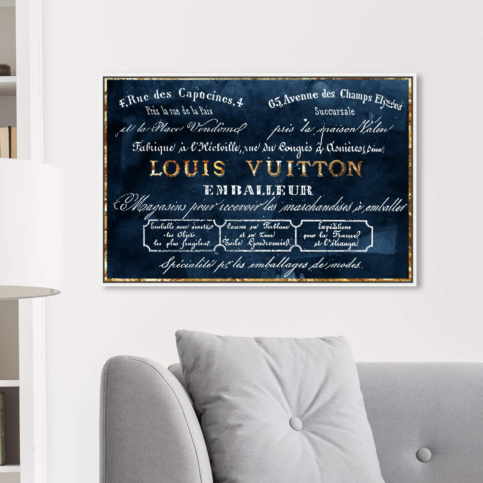 Oliver Gal Artist Co. Framed Wall Art Canvas Print - 'Emballeur Navy' Fashion & Glam Road Sign Home Decor, 30x20 Inches, Blue & Gold - Perfect for Living Room, Bedroom, or Office Wall Decor