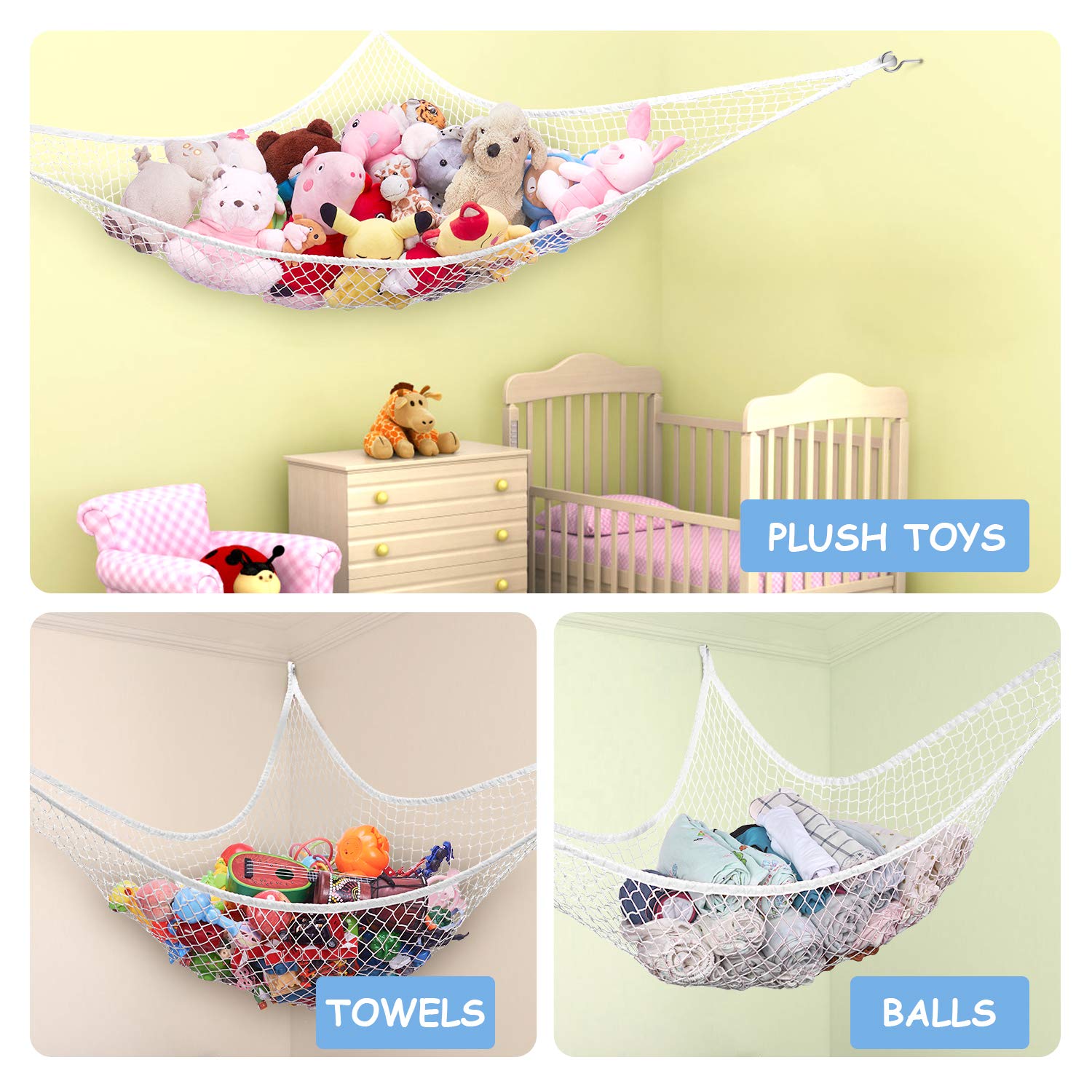 LXUNYI 70-Inch White Mesh Toy Hammock - Stuffed Animal Storage Net Organizer for Kids' Bedroom, Wall Corner, and Playroom - Perfect for Baby Toys, Plushies, and Children's Room Decor