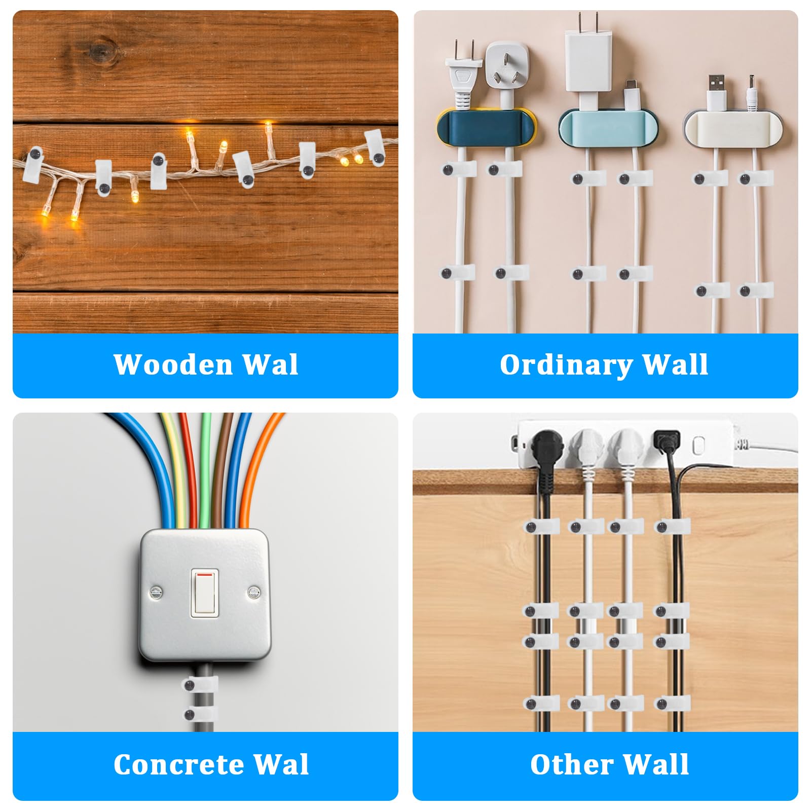400pcs Cable Clips with Nails, Wall Cable Organizer, Round Cable Clamps for 4mm/6mm/8mm/10mm Wires - Perfect for Home Office, TV, Computer & Router Cable Management