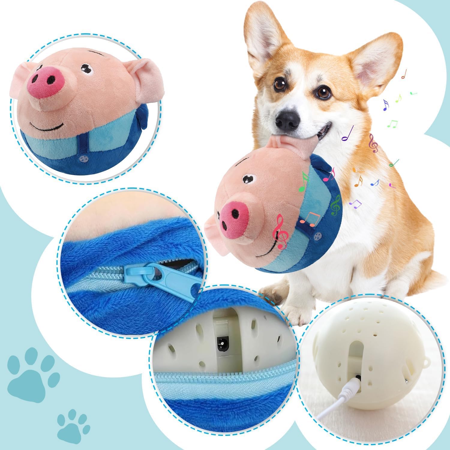 Interactive Squeaky Moving Dog Toy - Electronic Plush Pig Ball with Sound, Active Pet Toy for Playtime, Washable & Durable Chew Toy (Blue) - Perfect for Indoor Play, Training, and Keeping Dogs Entertained