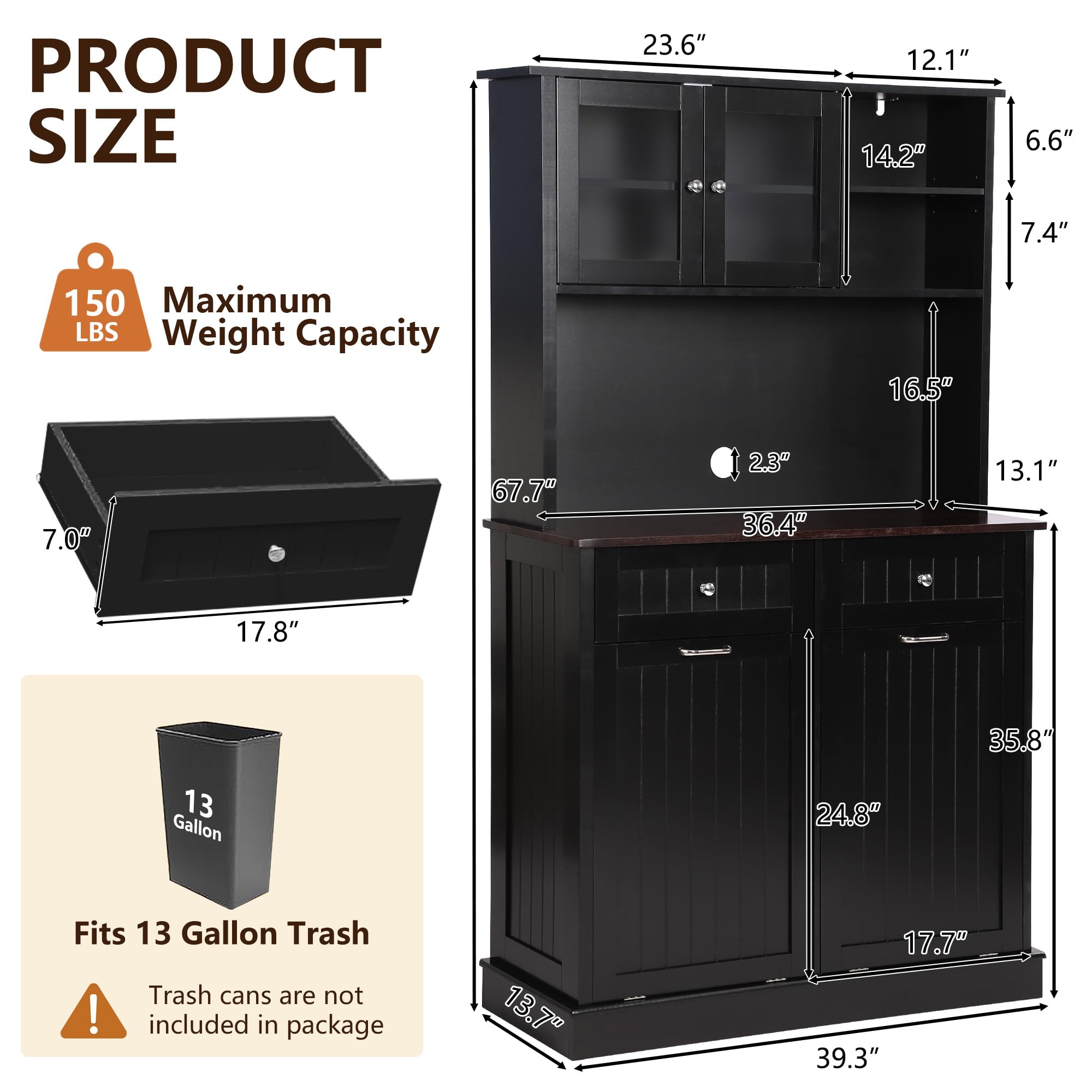 **Tall Freestanding Kitchen Pantry Storage Cabinet with Microwave Shelf & Tilt-Out Trash Bin - Classic Black - Perfect for Small Kitchens & Pantry Organization**