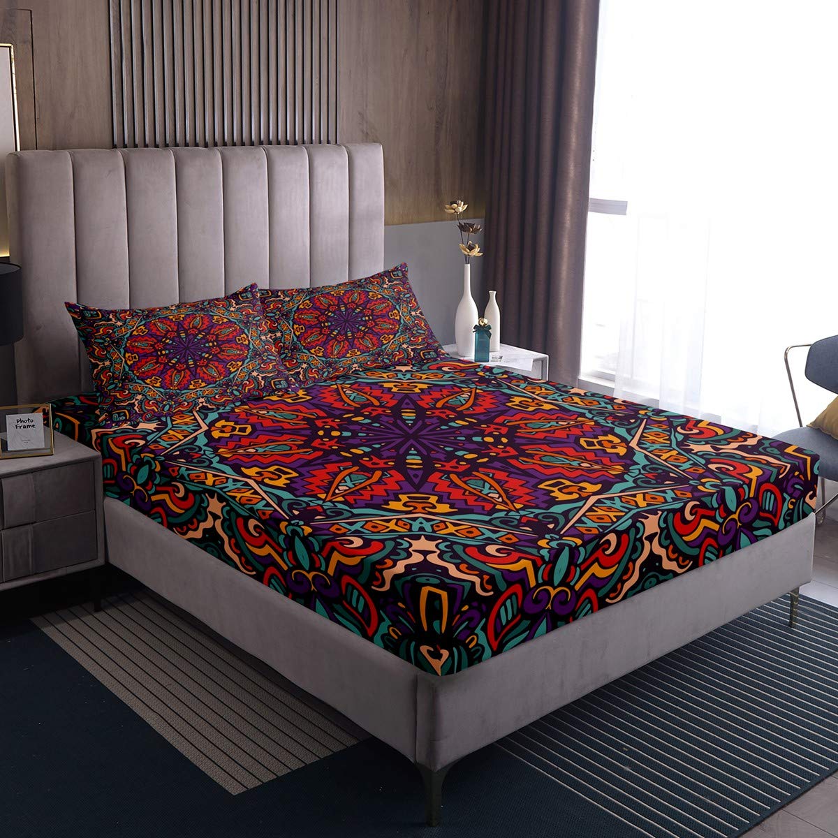 Beachy Bloom Ethnic Floral Fitted Sheet Twin - Softest Mandala Flower Bedding Set for Kids & Adults - 2PC Warm Bed Sheets for Cozy Bedrooms - Perfect for Guest Rooms, Dorm Decor, and Boho Chic Home Styling