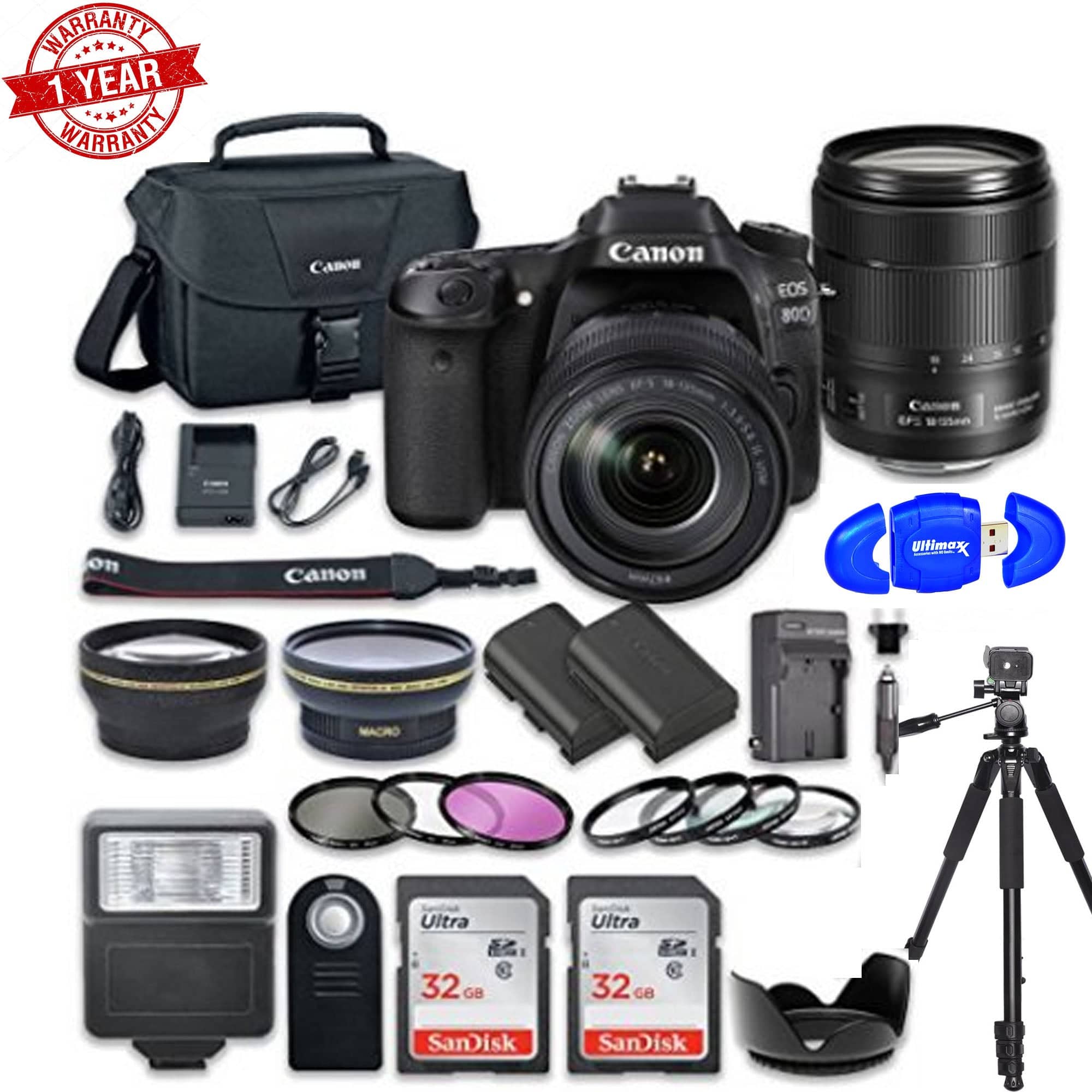 Canon EOS 80D WiFi DSLR Camera with 18-135mm Lens | 24.2MP APS-C Sensor | Full HD 1080p Video | 2x32GB SD Cards | Perfect for Travel Photography & Vlogging
