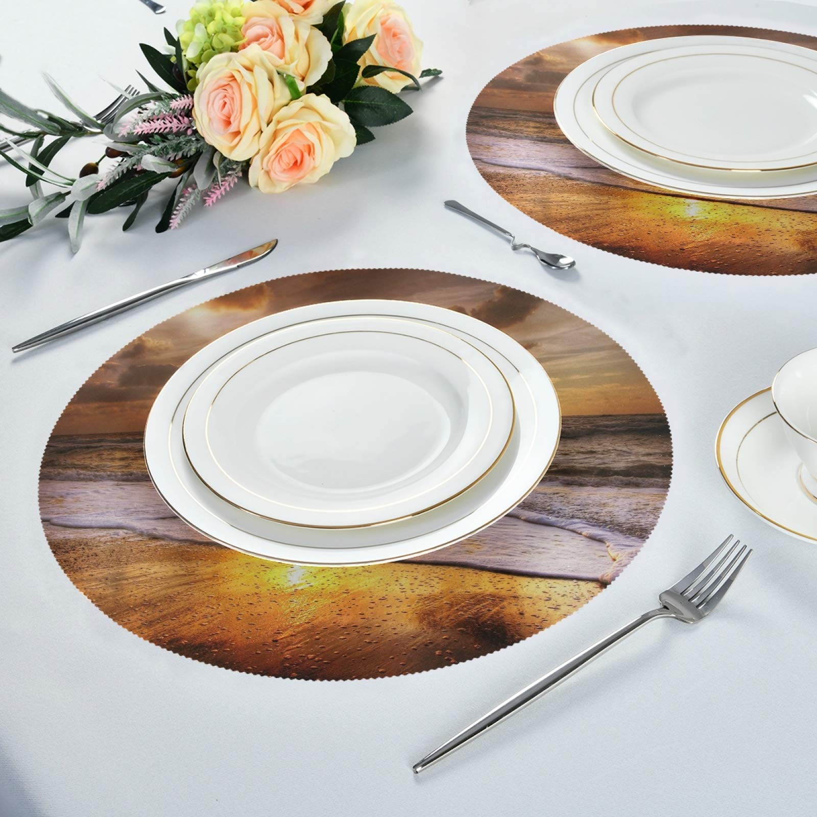 6-Piece Round Heat-Resistant Placemats Set - Sunset Sea Beach Design for Dining Table, Kitchen, Party & Home Decor | Washable & Durable for Everyday Use | Perfect for Indoor/Outdoor Dining, Entertaining & Daily Meals