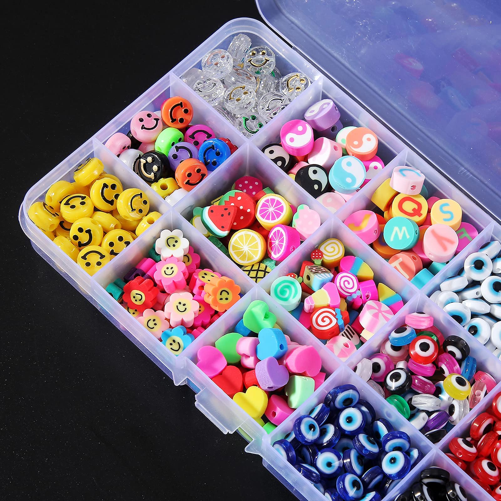 420PCS Polymer Clay Beads Kit - 15 Styles Fruit Smile Face, Letter & Evil Eye Beads for DIY Jewelry Making (Bracelet, Necklace, Earrings) with Crystal Elastic String - Perfect for Women's Handmade Accessories & Gifts
