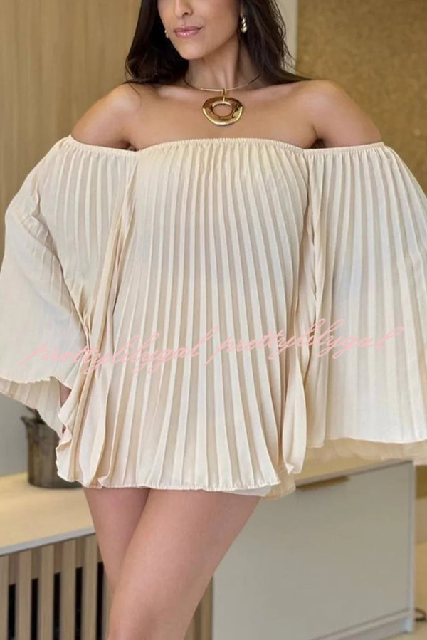 Off Shoulder Pleated Loose Top with Elastic Waist Shorts Set - Women's Summer Casual Outfit for Beach, Vacation & Date Night