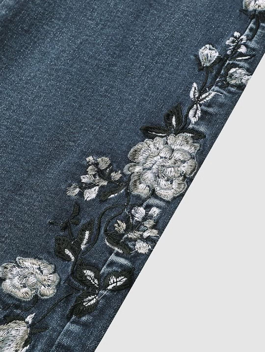 Flamingals Women's Floral Embroidery Bootcut Jeans - Mid Waist High Stretch Denim Pants with Pockets | Casual Wear, Office Outfits & Date Night Fashion