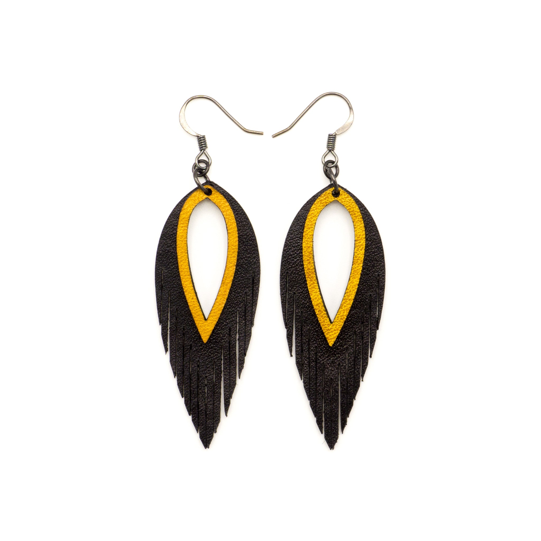 Nativas 2 Layer Genuine Leather Earrings for Women - Stylish Black & Yellow Dangle Hoop Earrings | Perfect for Casual Wear, Parties, and Gift Giving