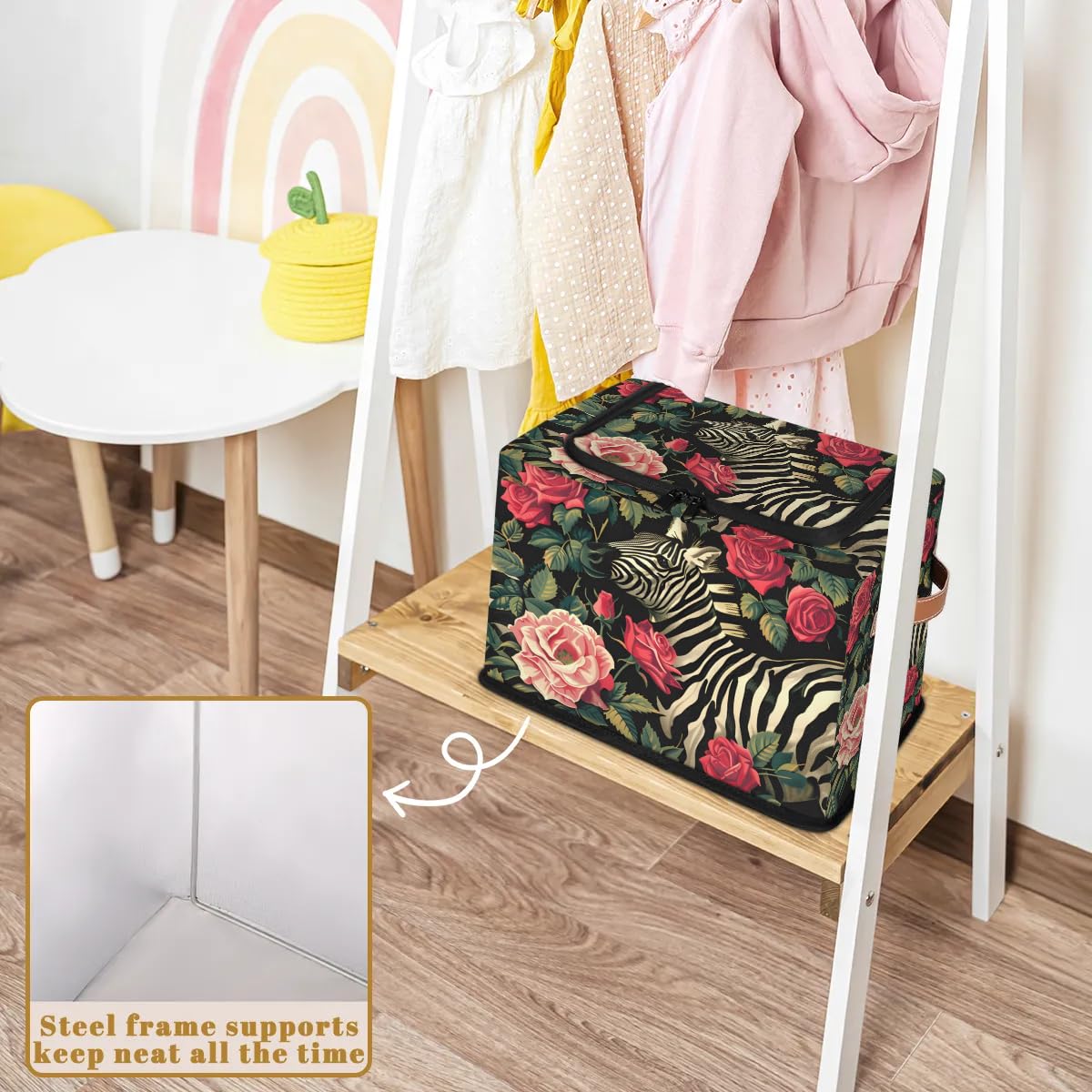 Rose Red Zebra Storage Bins with Zipper Lid - 2 Pack Stackable Storage Baskets with Metal Frame & PU Handles - Closet Organizer Cube for Clothes, Toys, or Blankets - Perfect for Bedroom, Nursery, or Office Storage Solutions