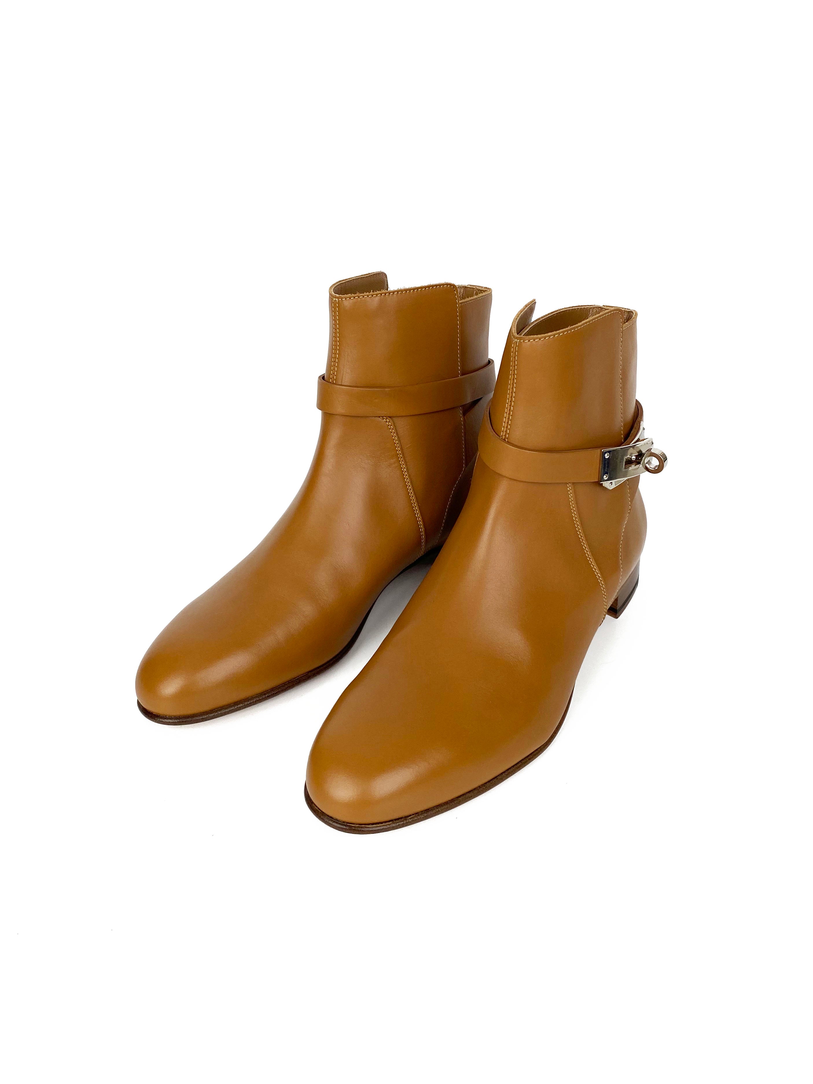 Hermes Light Brown Kelly Ankle Boots Size 37.5 - Women's Luxury Leather Booties for Fall & Winter Fashion, Office & Evening Wear