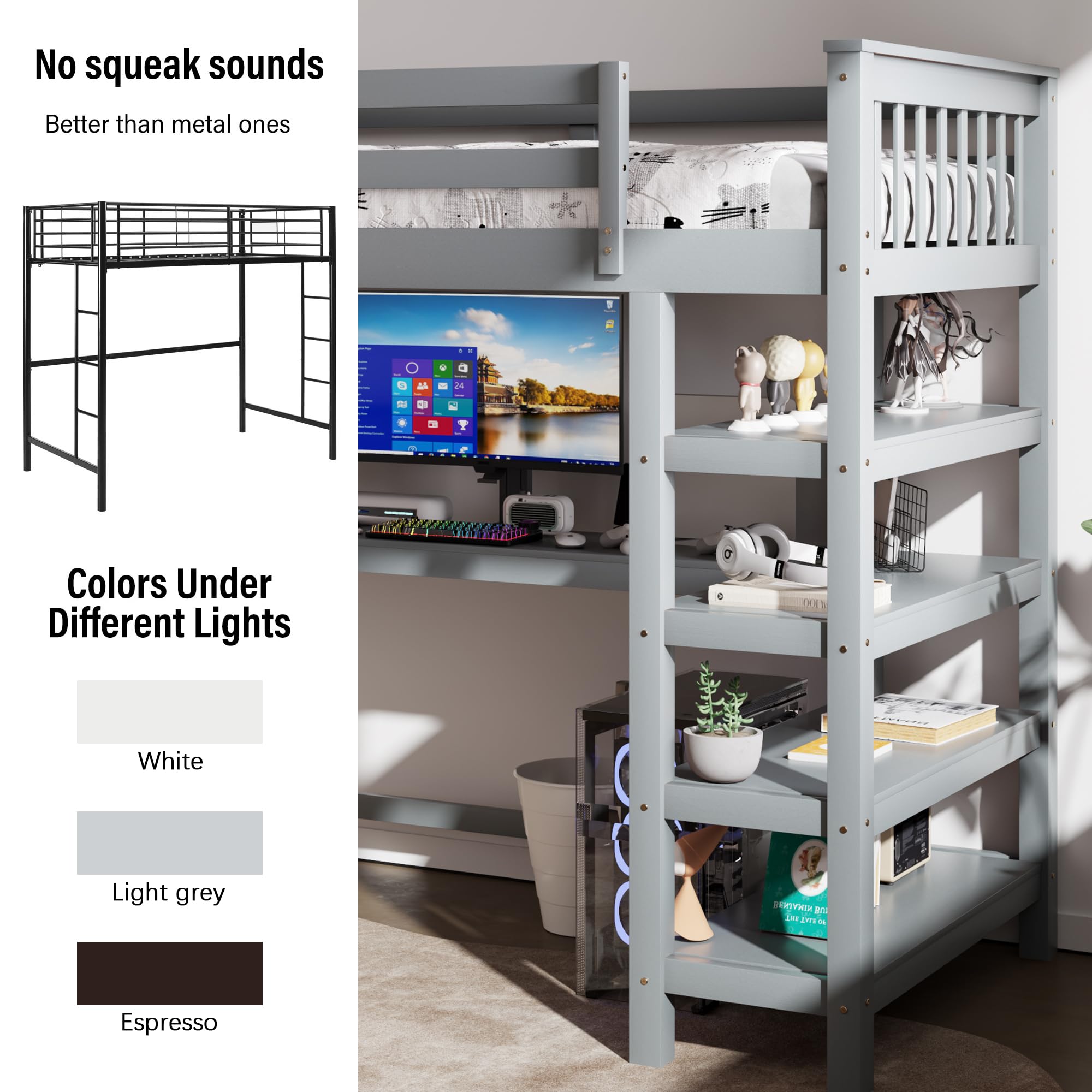 Merax Twin Size Wood Loft Bed with Built-in Desk & 4 Storage Shelves - Solid Wood Study Bed for Small Spaces - Perfect for Kids Rooms, Dormitories & Studio Apartments (Grey)