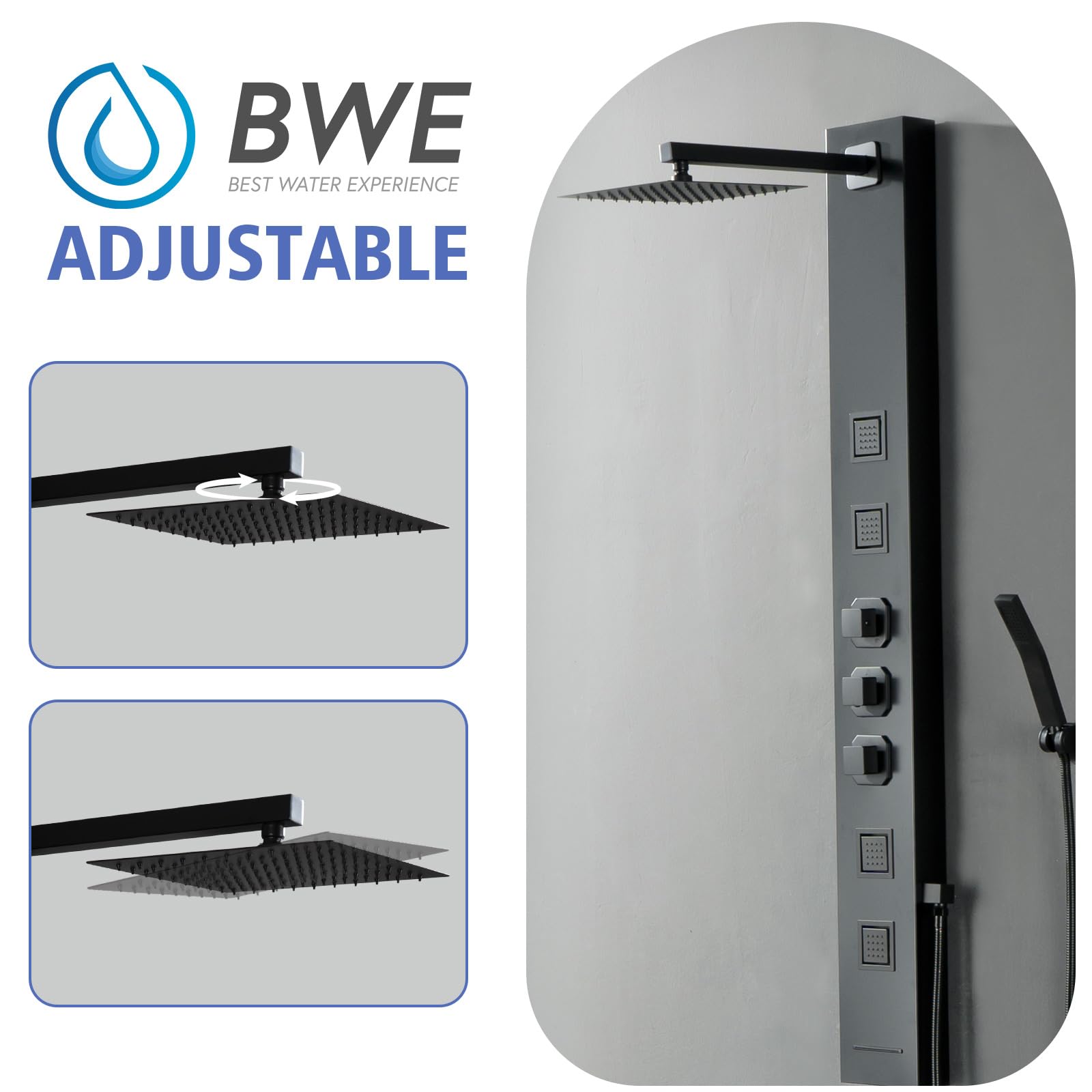 BWE Stainless Steel Shower Panel System - Rainfall Shower Head with 4 Massage Body Jets & Handheld Sprayer - Wall Mount Multi-Function Bathroom Shower Set for Spa-Like Experience at Home