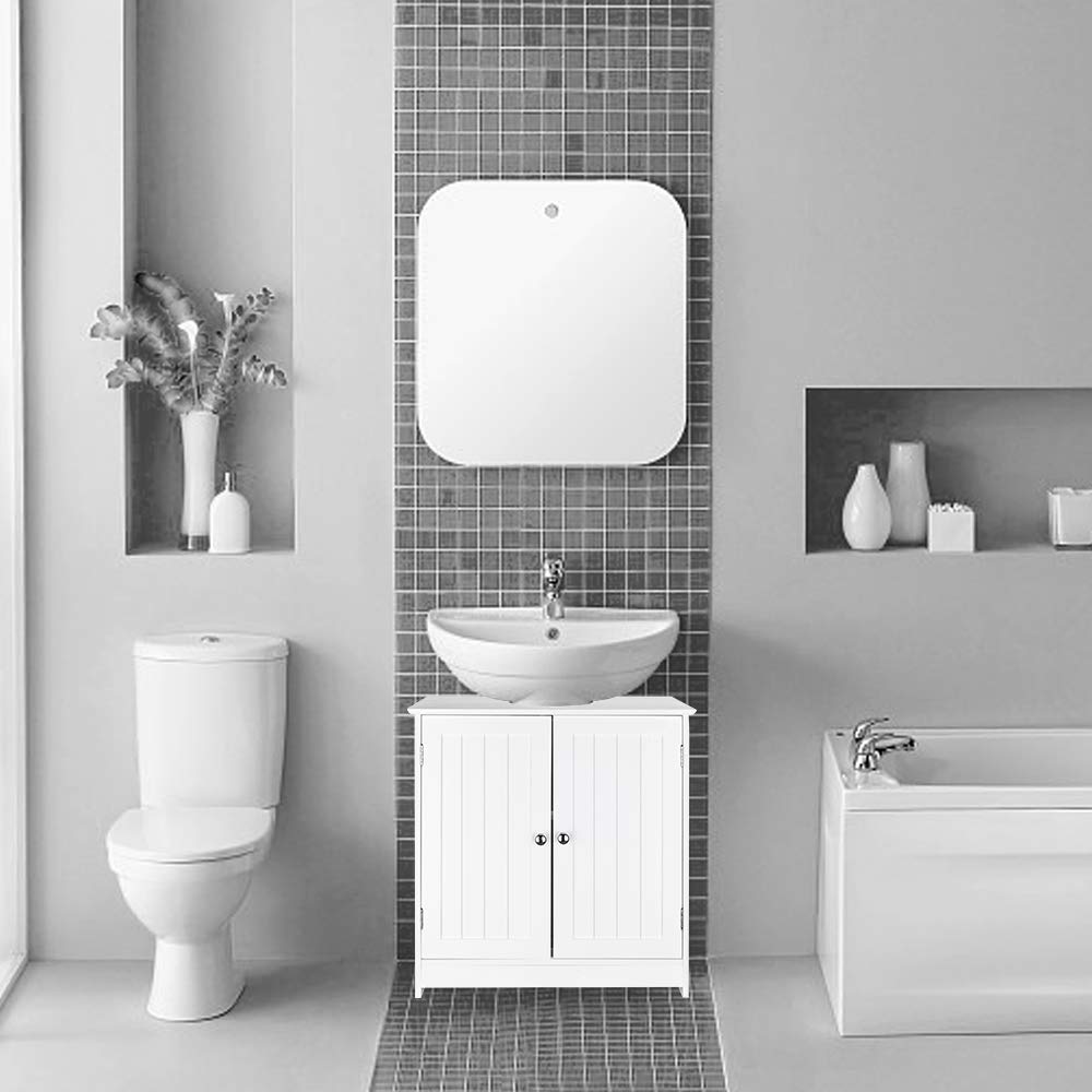 White Wooden Freestanding Pedestal Sink Storage Cabinet with Double Doors & Adjustable Shelves - Bathroom Organizer Space Saver for Small Bathrooms, Powder Rooms & Vanity Areas - Perfect for Towel Storage, Toiletries & Bathroom Essentials