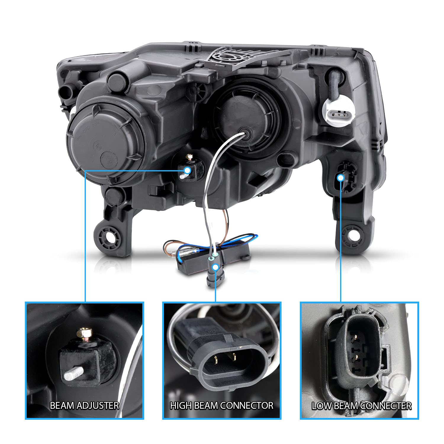 2017-2022 Jeep Grand Cherokee LED Headlights - AmeriLite Chrome Square Projector Replacement Headlights with Switchback LED Tube (Driver & Passenger Side) - Upgrade for Night Driving & Off-Road Adventures