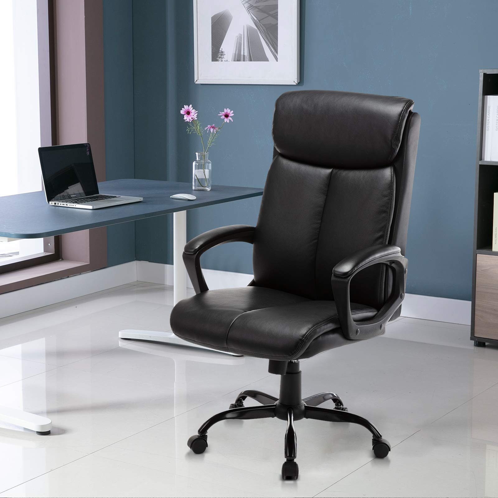 Premium Black Leather Office Chair - Ergonomic High Back Executive Desk Chair with Adjustable Height & Lumbar Support - Rolling Swivel Task Chair for Home Office, Gaming & Workspace Comfort