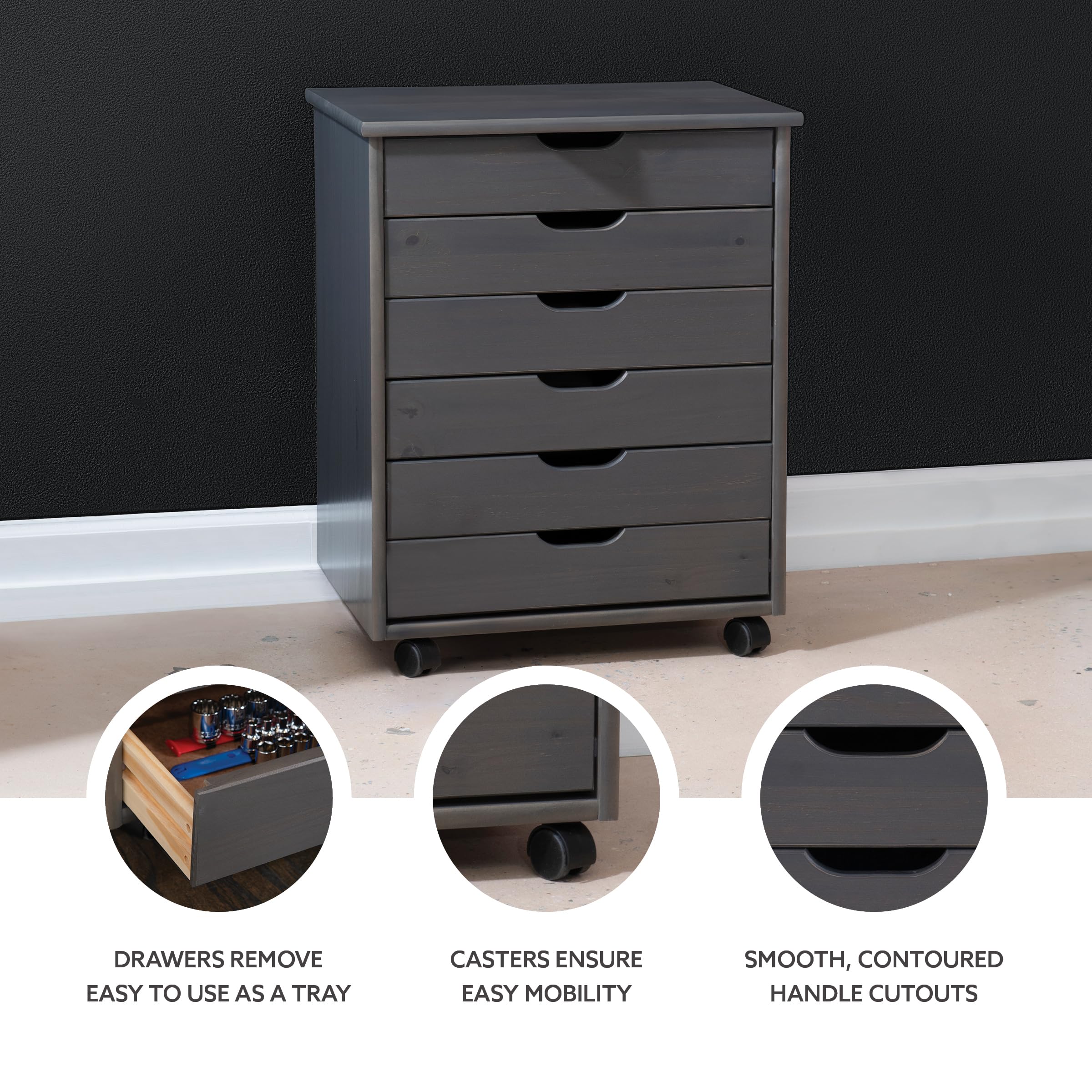 Linon Corinne 6-Drawer Wide Rolling Storage Cart with Wheels, Grey - Perfect for Bedroom, Bathroom, Office & Kitchen Organization