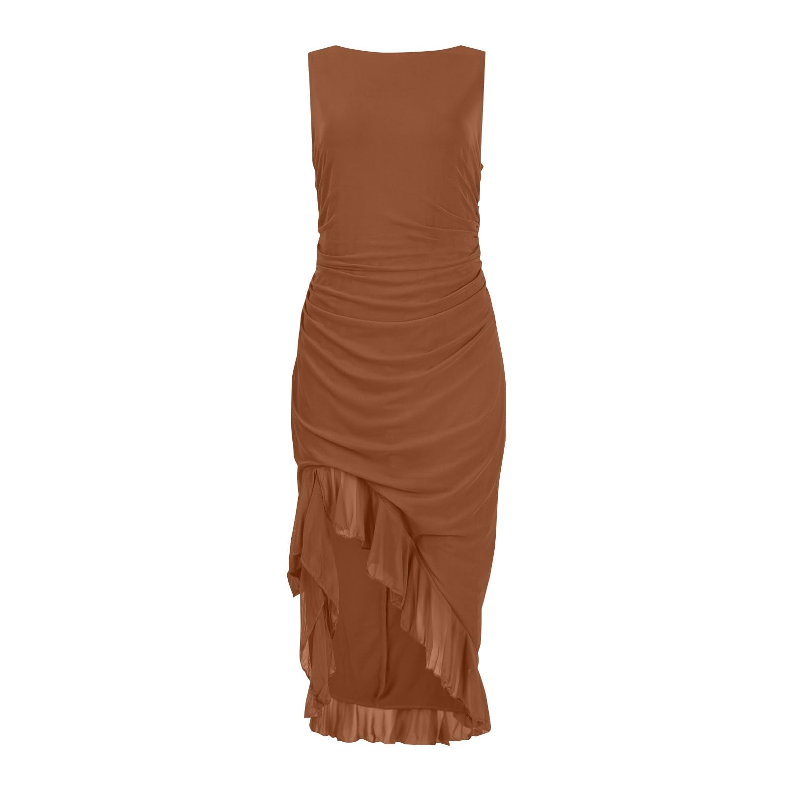Sexy Bodycon Dresses for Women - Sleeveless Ruched Mesh Midi Dress with Ruffle Hem | Summer Cocktail Party & Night Out Outfit | Formal Evening Wear & Club Dress