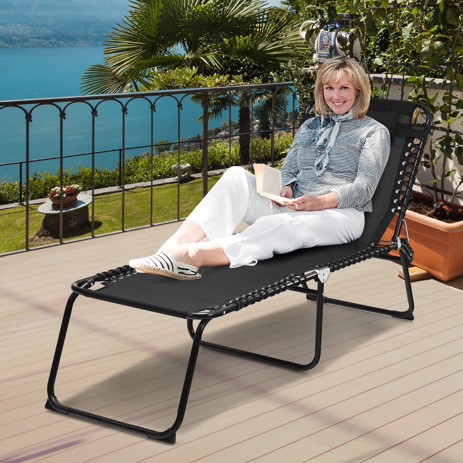 GYMAX Folding Tanning Chair with Adjustable Backrest & Removable Pillow - Extra High Lounge Chair for Sunbathing, Detachable Side Pocket, Indoor Outdoor Beach Chaise Lounger (Black) - Perfect for Poolside Relaxation, Backyard Sunbathing & Beach Vacations