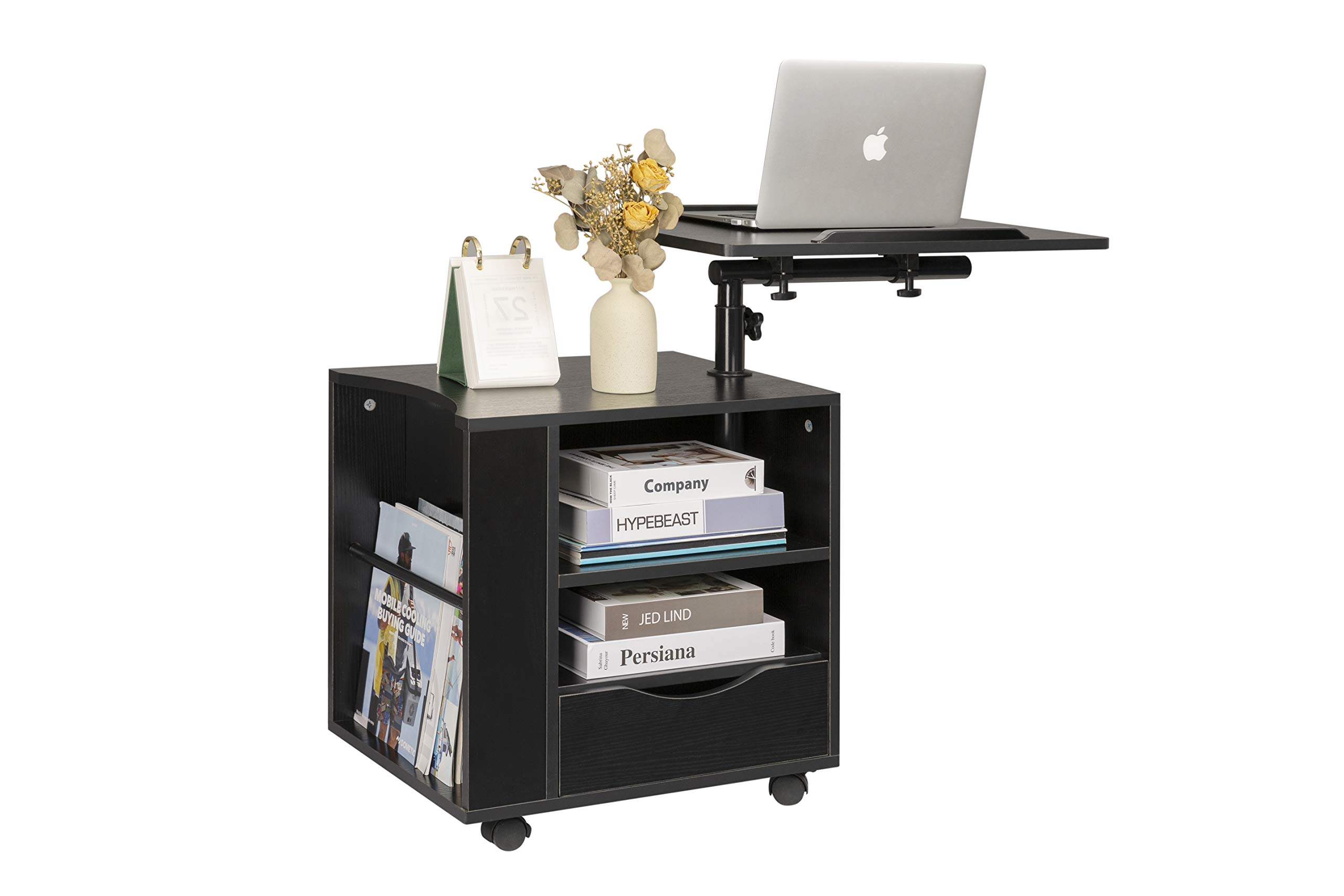 SIDUCAL Adjustable Swivel Wooden Nightstand with Drawers - Rolling Laptop Desk & Functional Bedside Table, Black (Right Side) - Perfect for Home Office, Bedroom, and Small Spaces